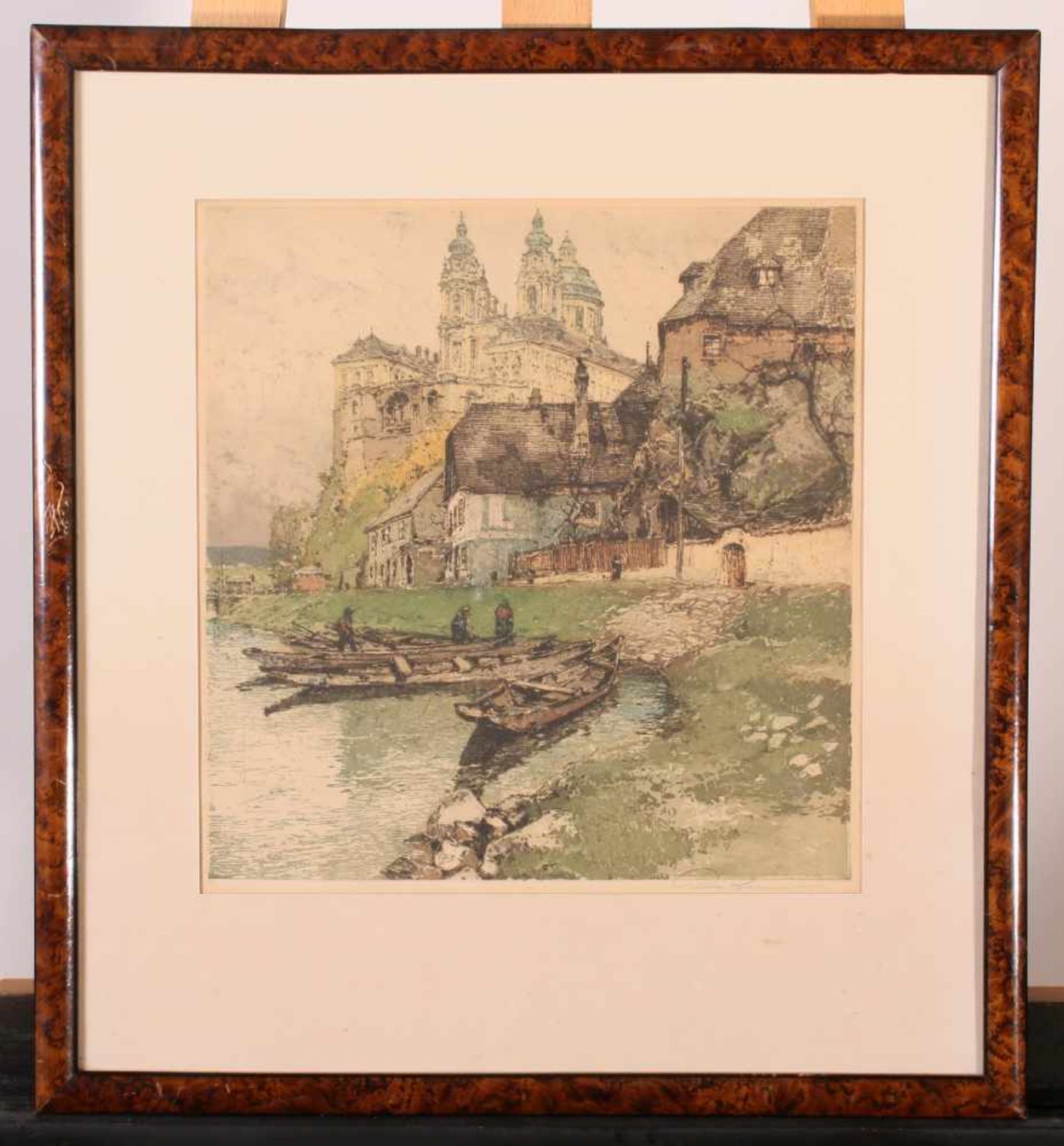 Colorierte Radierung "Stift Melk Österreich" - Luigi Kasimir (1881-1962) Mehrere Fischerboote am - Bild 2 aus 2