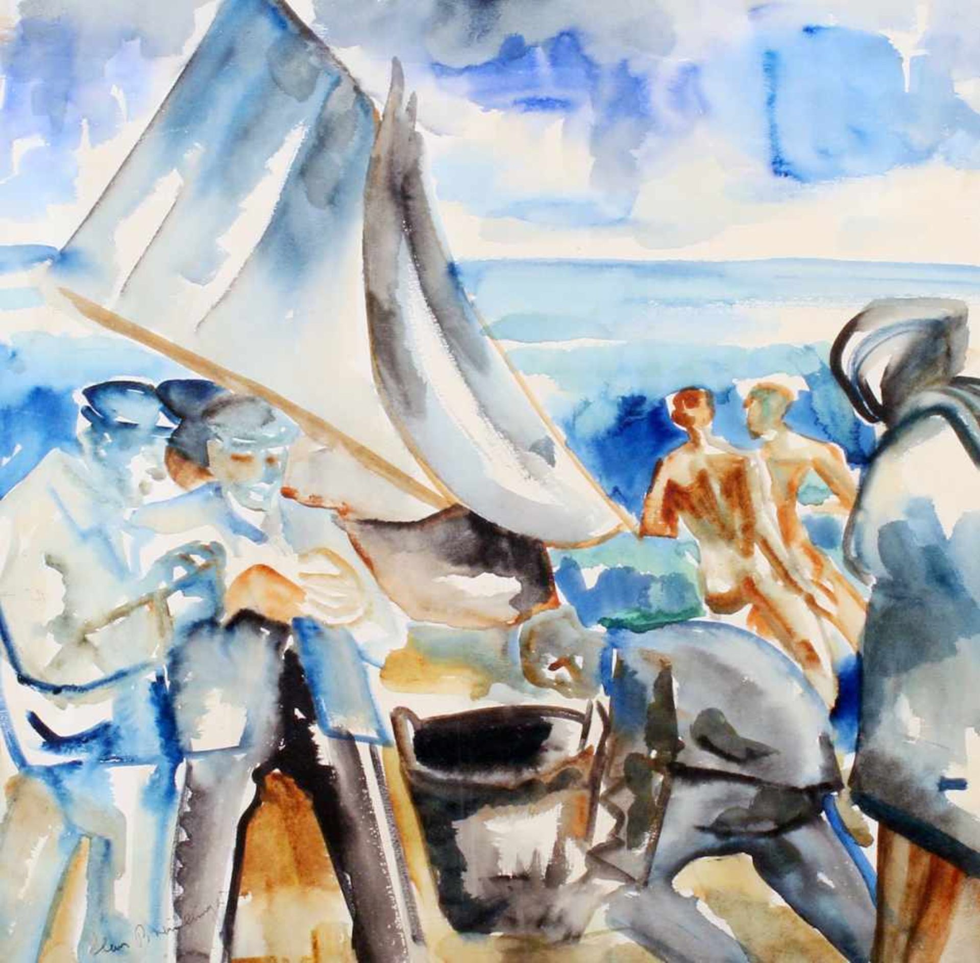 "Menschen am Strand" - Hans Breinlinger (1888-1963) Aquarell auf Karton, unten links signiert,