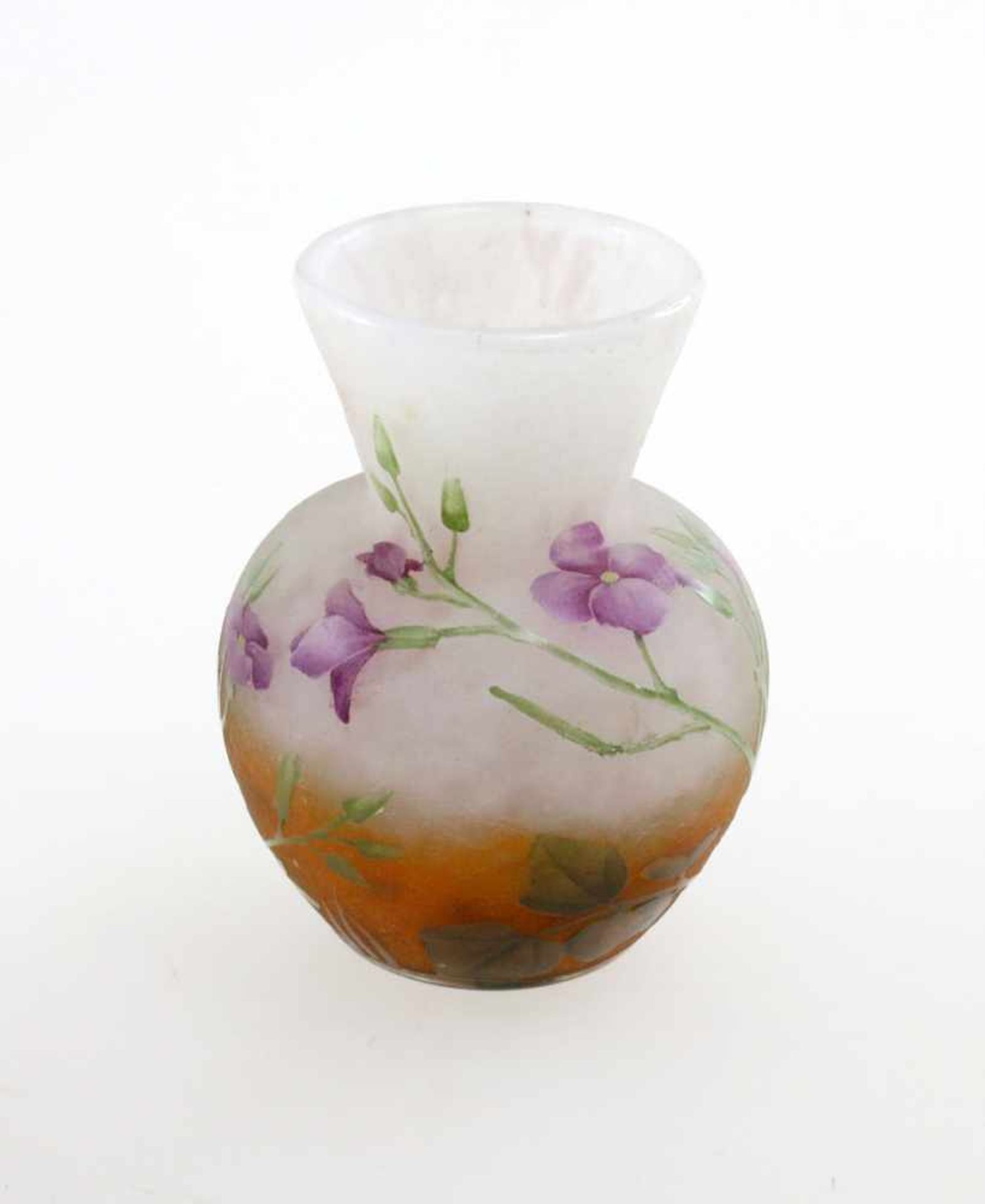 Miniaturvase Daum Freres Nancy - um 1910 Farbloses Glas, opaker Überfang, violette und orange - Bild 2 aus 5