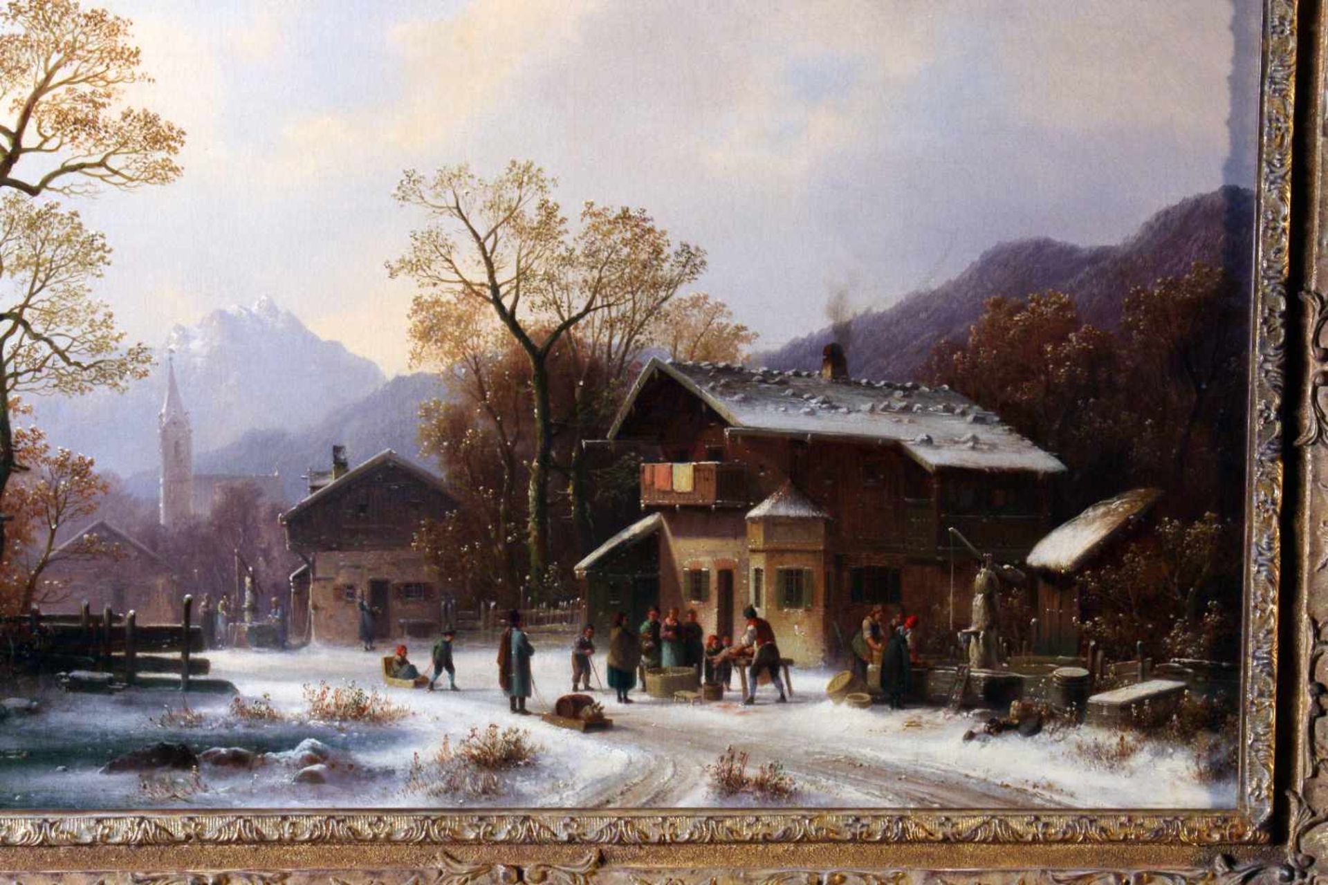 "Dörfliches Leben im Winter" - Anton Doll (1826-1887) Öl auf Leinwand, unten links signiert und bez. - Bild 3 aus 6