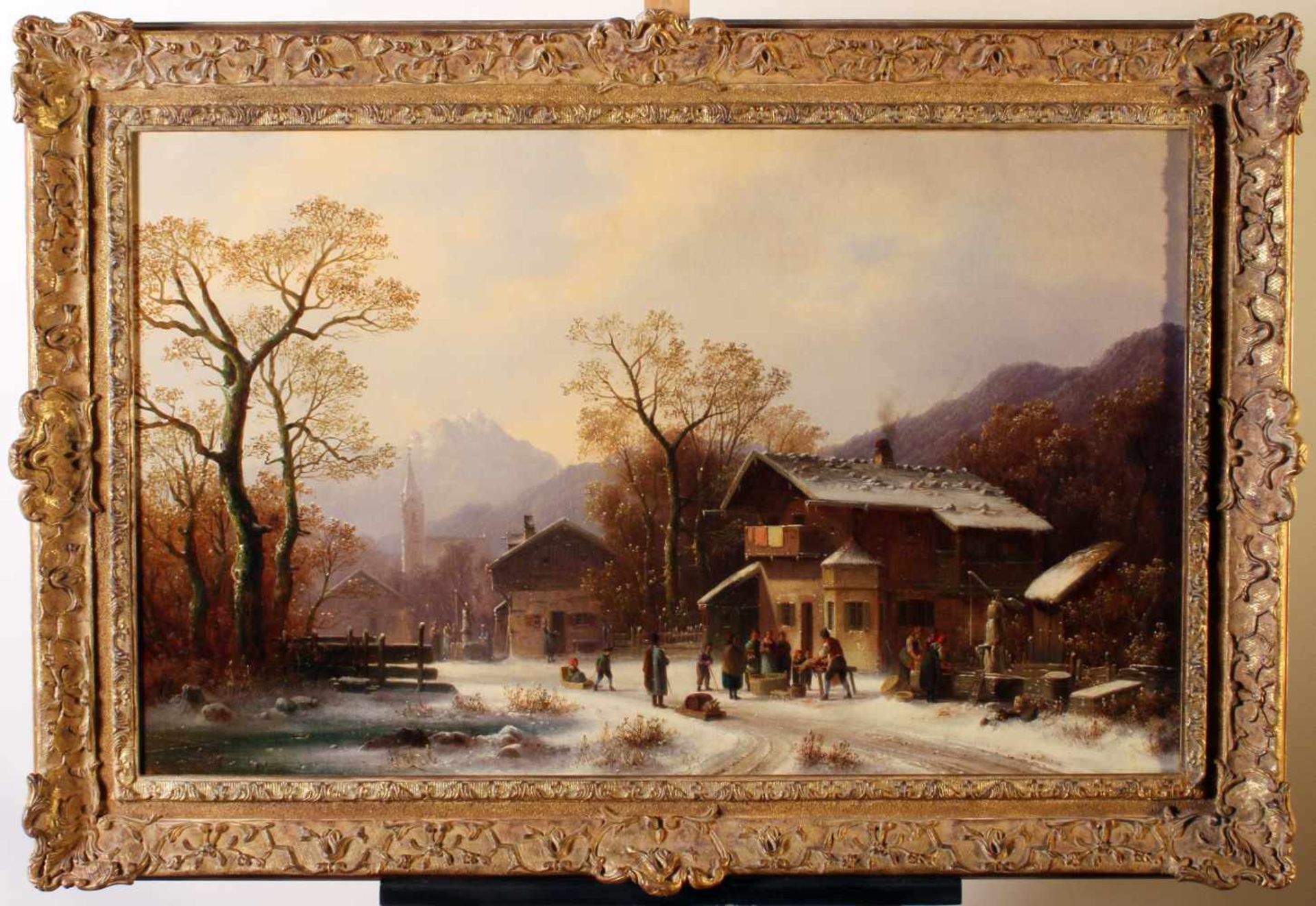 "Dörfliches Leben im Winter" - Anton Doll (1826-1887) Öl auf Leinwand, unten links signiert und bez. - Bild 2 aus 6