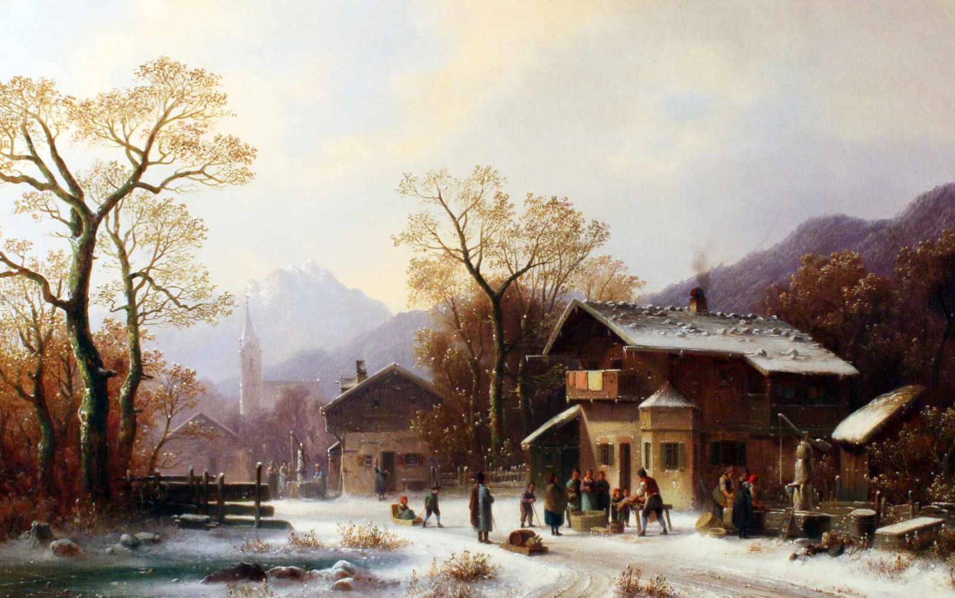 "Dörfliches Leben im Winter" - Anton Doll (1826-1887) Öl auf Leinwand, unten links signiert und bez.