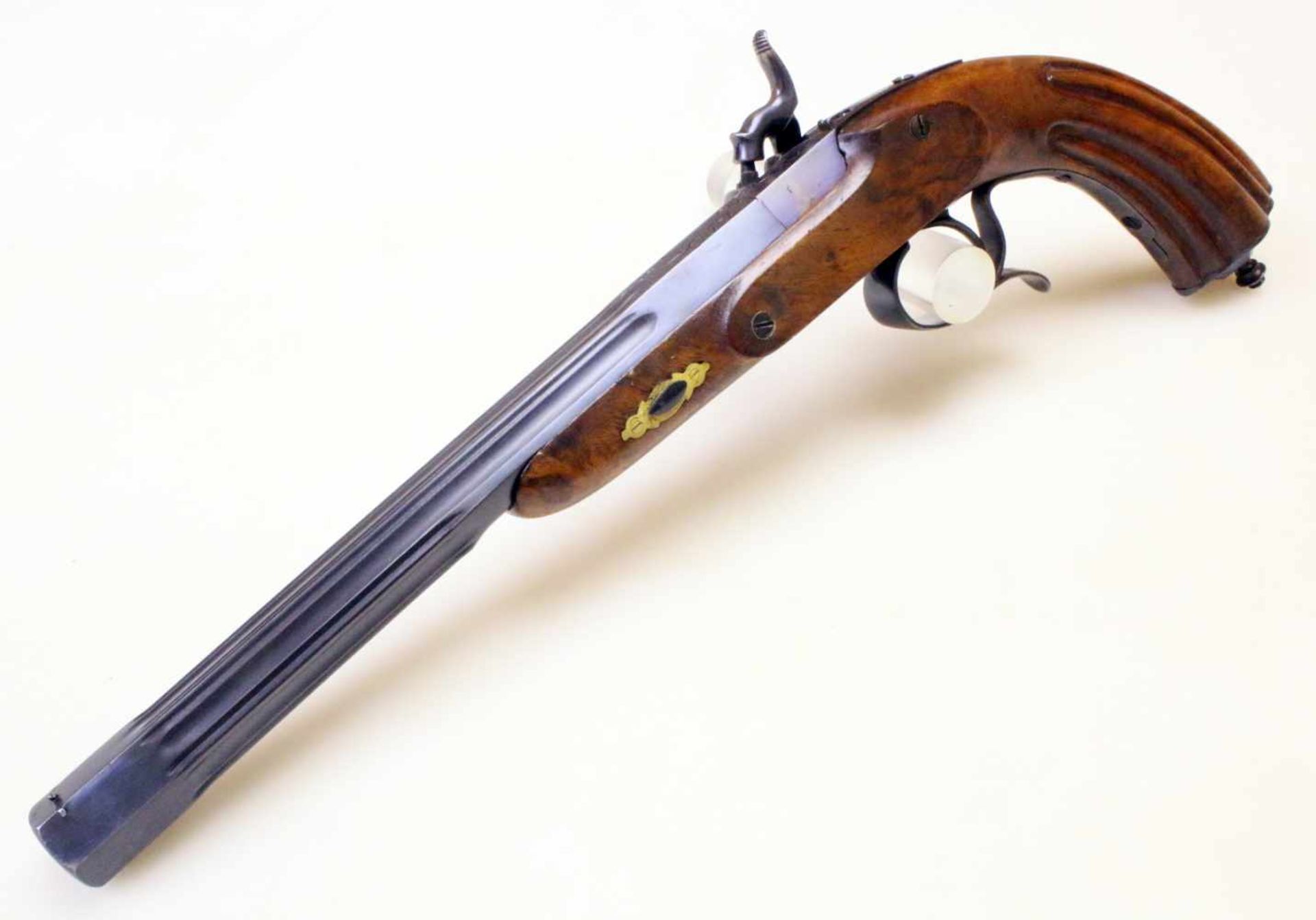 Perkussions-Scheibenpistole - um 1850 Vielfach gezogener, sechskantiger, kannelierter, zur Kammer - Bild 4 aus 8