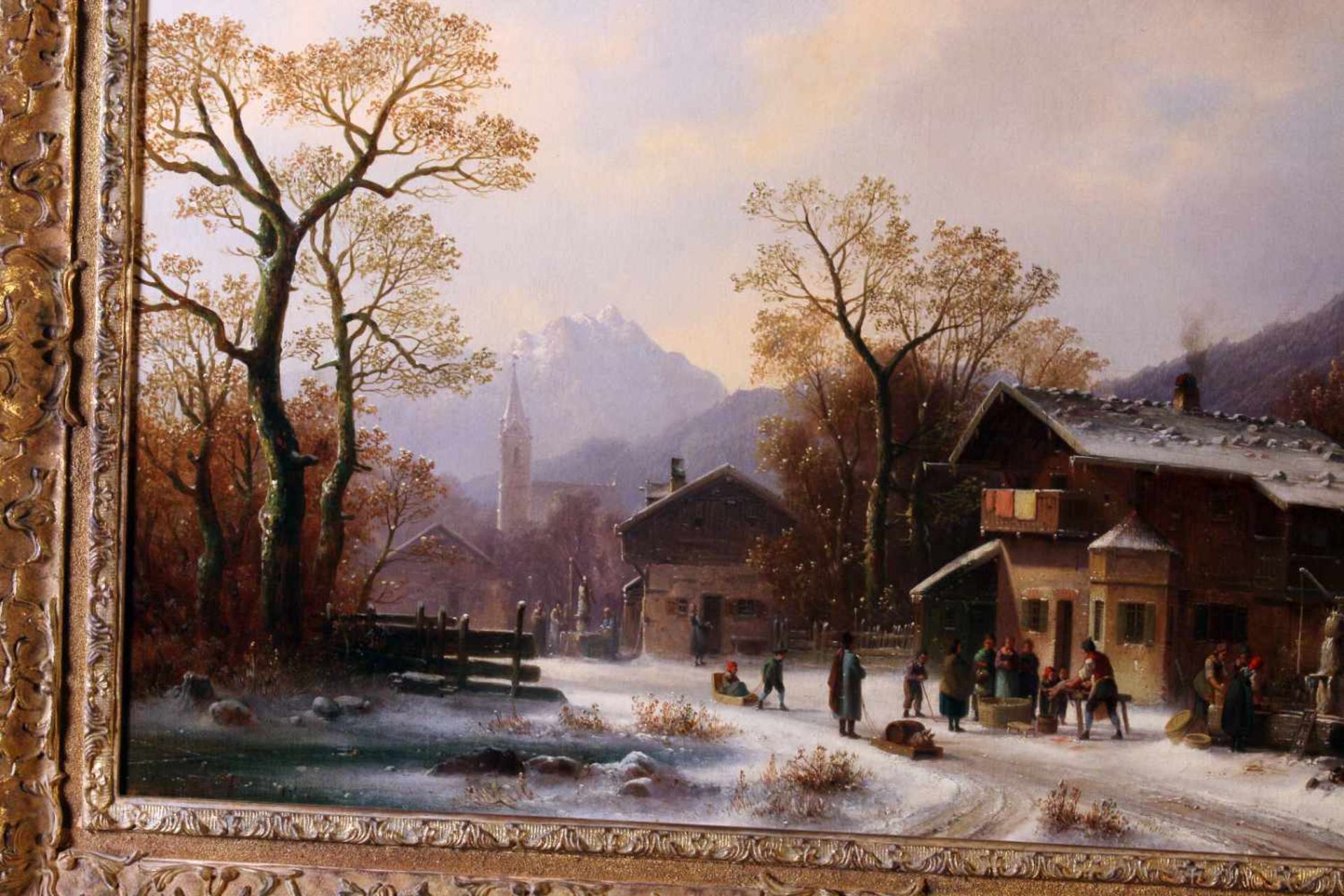 "Dörfliches Leben im Winter" - Anton Doll (1826-1887) Öl auf Leinwand, unten links signiert und bez. - Bild 4 aus 6