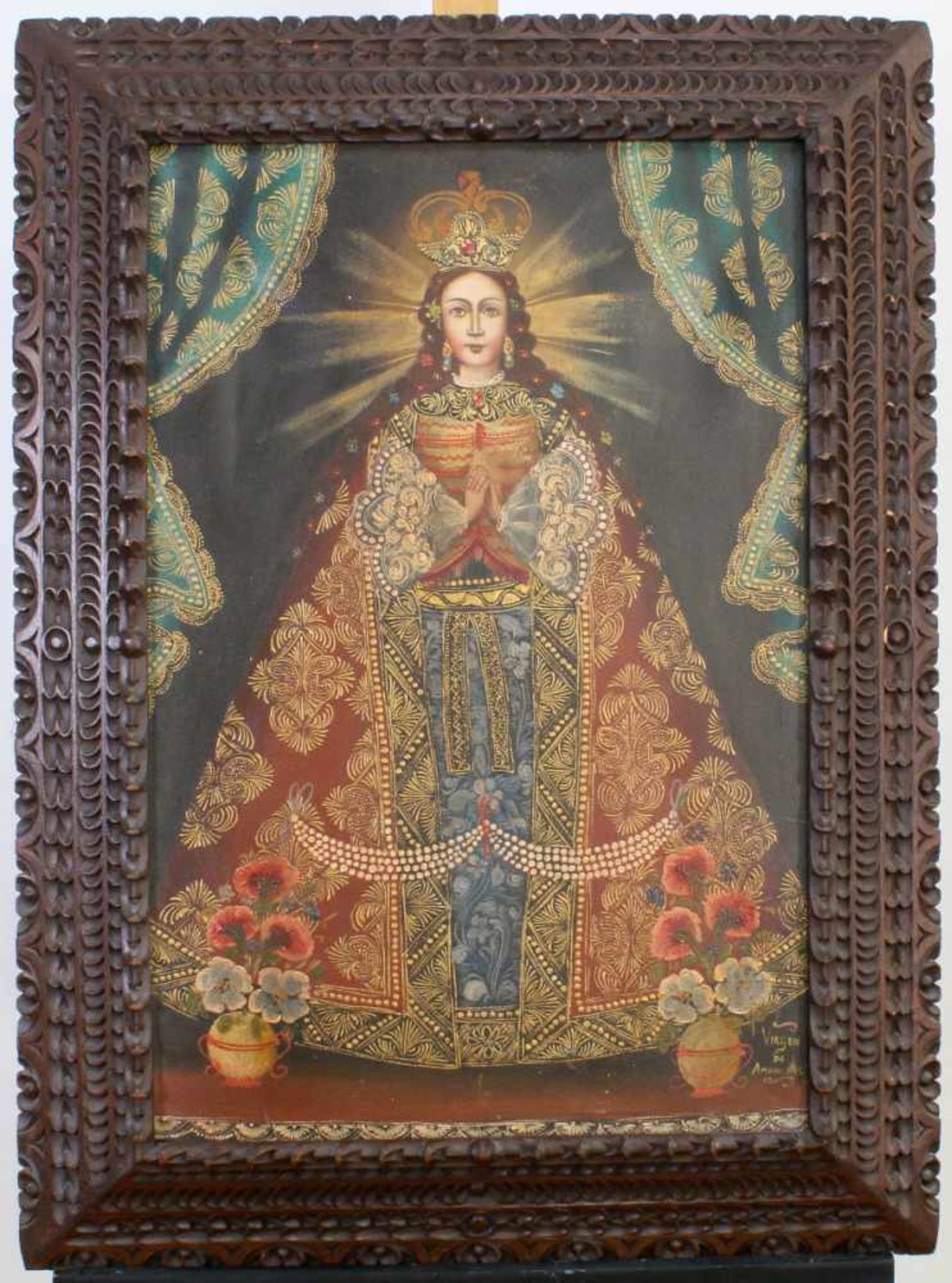 "Virgin de Amancaes" - Peruanische Volkskunst Öl auf Leinwand, unten links spanisch bez., im reich - Bild 2 aus 3