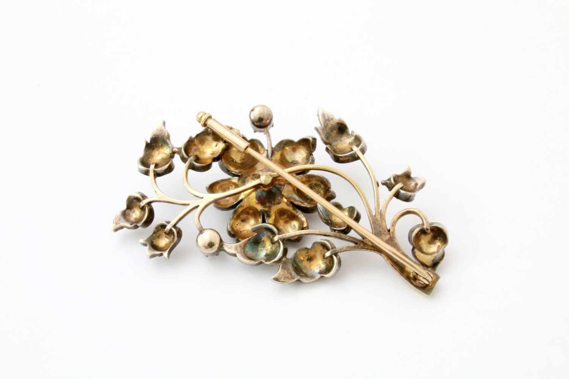 Rotgold-Silber Brosche mit Steinbesatz - Jugendstil RG 333, Fassungen Silber, Blütenzweig besetzt - Bild 4 aus 4