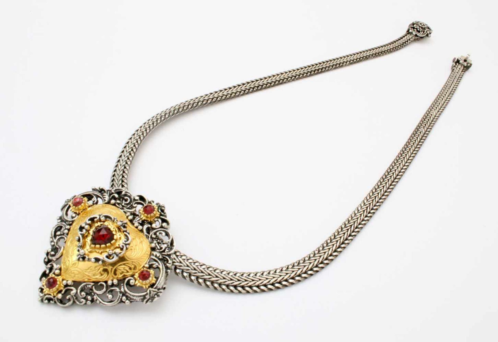 Trachtenschmuck - silberne Halskette mit Anhänger bzw. Brosche 835er Silber, geflochtene Kette.