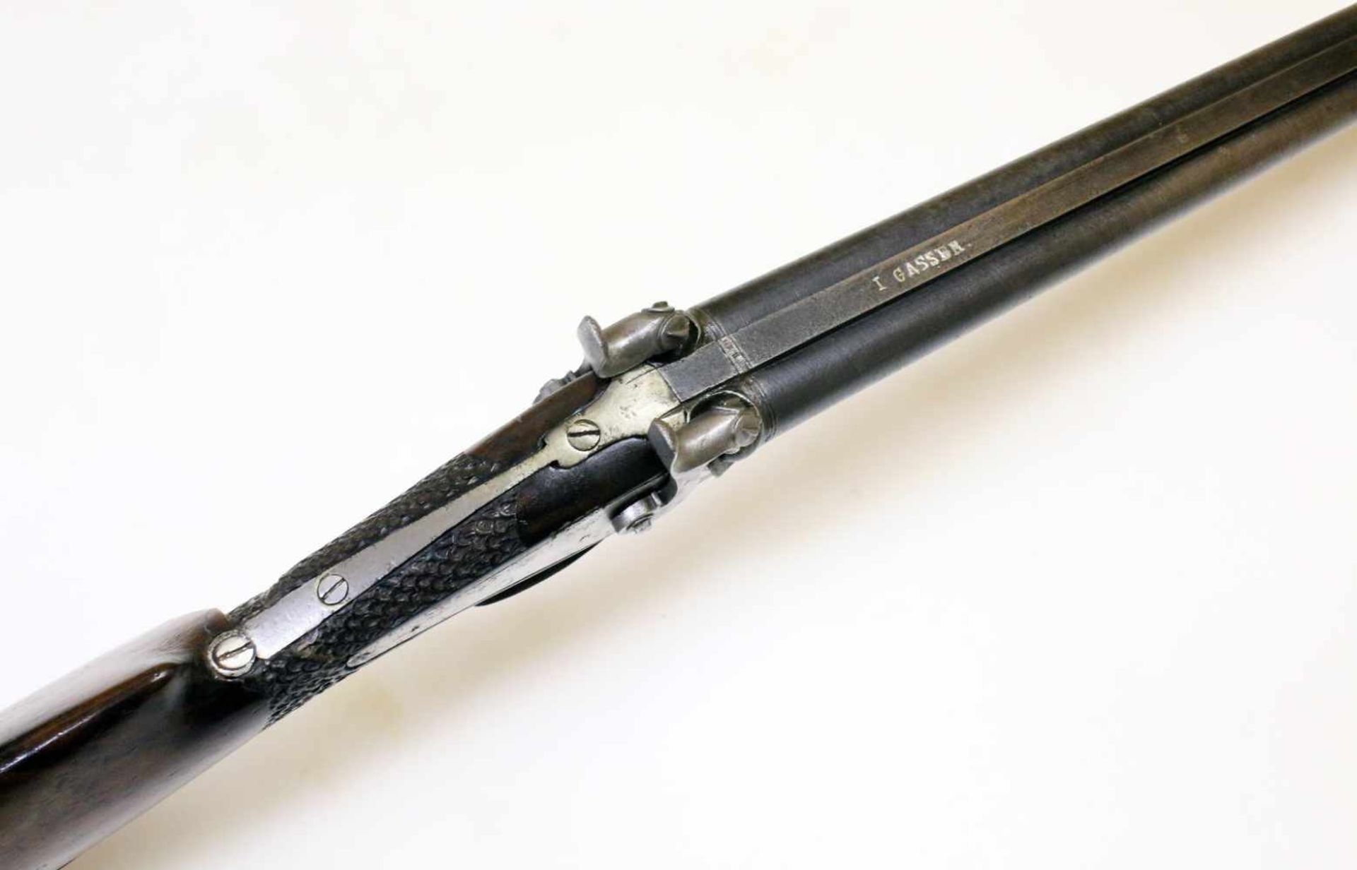 Perkussions-Doppelflinte - I. Gasser um 1820 Cal. 12 SP, Zustand 2-3. Laufbündel aus Wickeldamast - Bild 4 aus 15