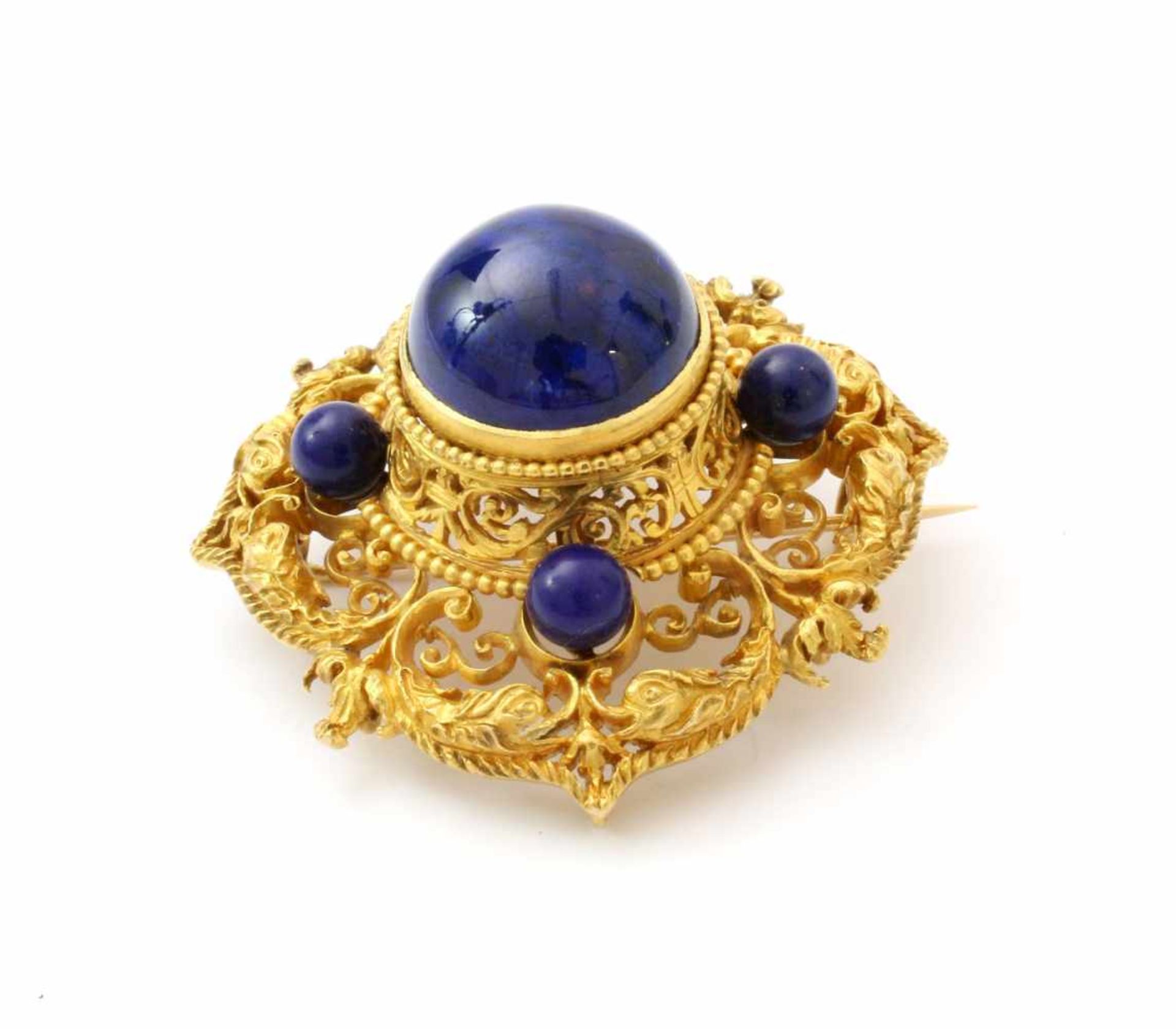 Historische Gelbgold-Brosche mit Lapislazuli um 1800 GG 585 (Säureprüfung), umlaufend Fischpaare mit - Bild 2 aus 3