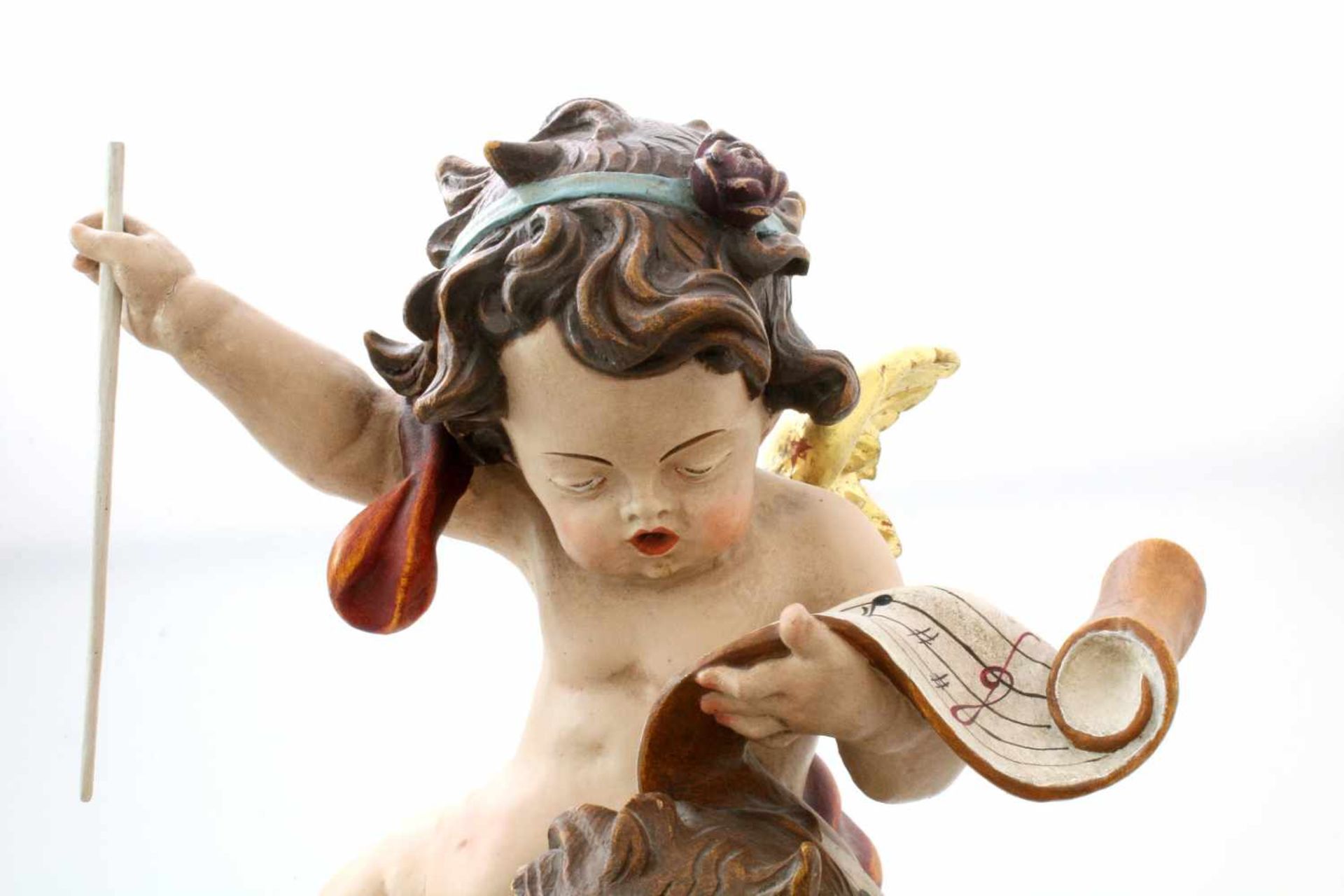 Große Holzfigur - 2 musizierende Engel Polychrom- und goldstaffiert, feine Schnitzerei, die Engel - Image 5 of 6