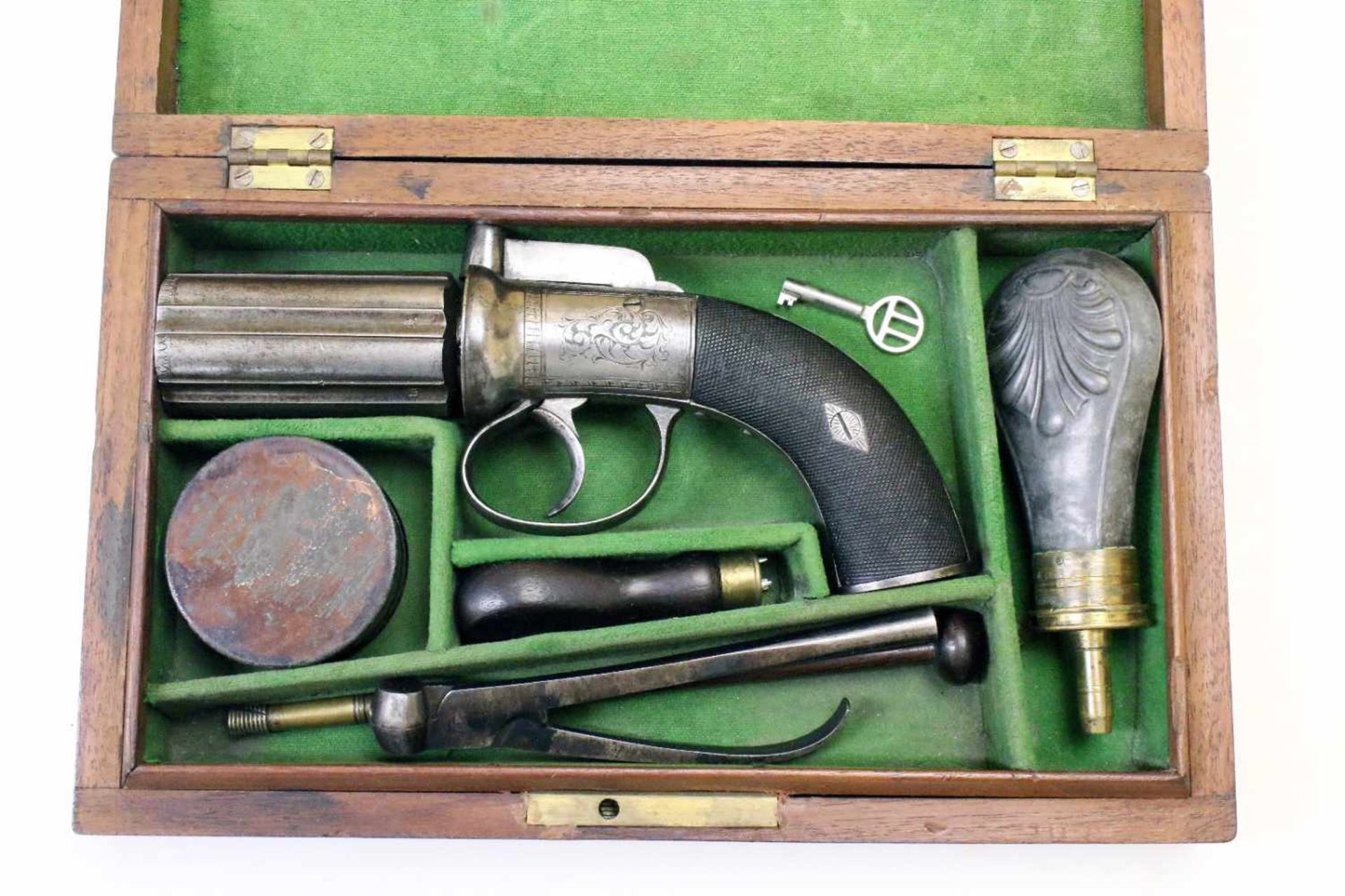 Bündelrevolver - Mod. Allens Patent um 1850 (England) im Kasten Cal. 9mm Perk., (wohl .36),