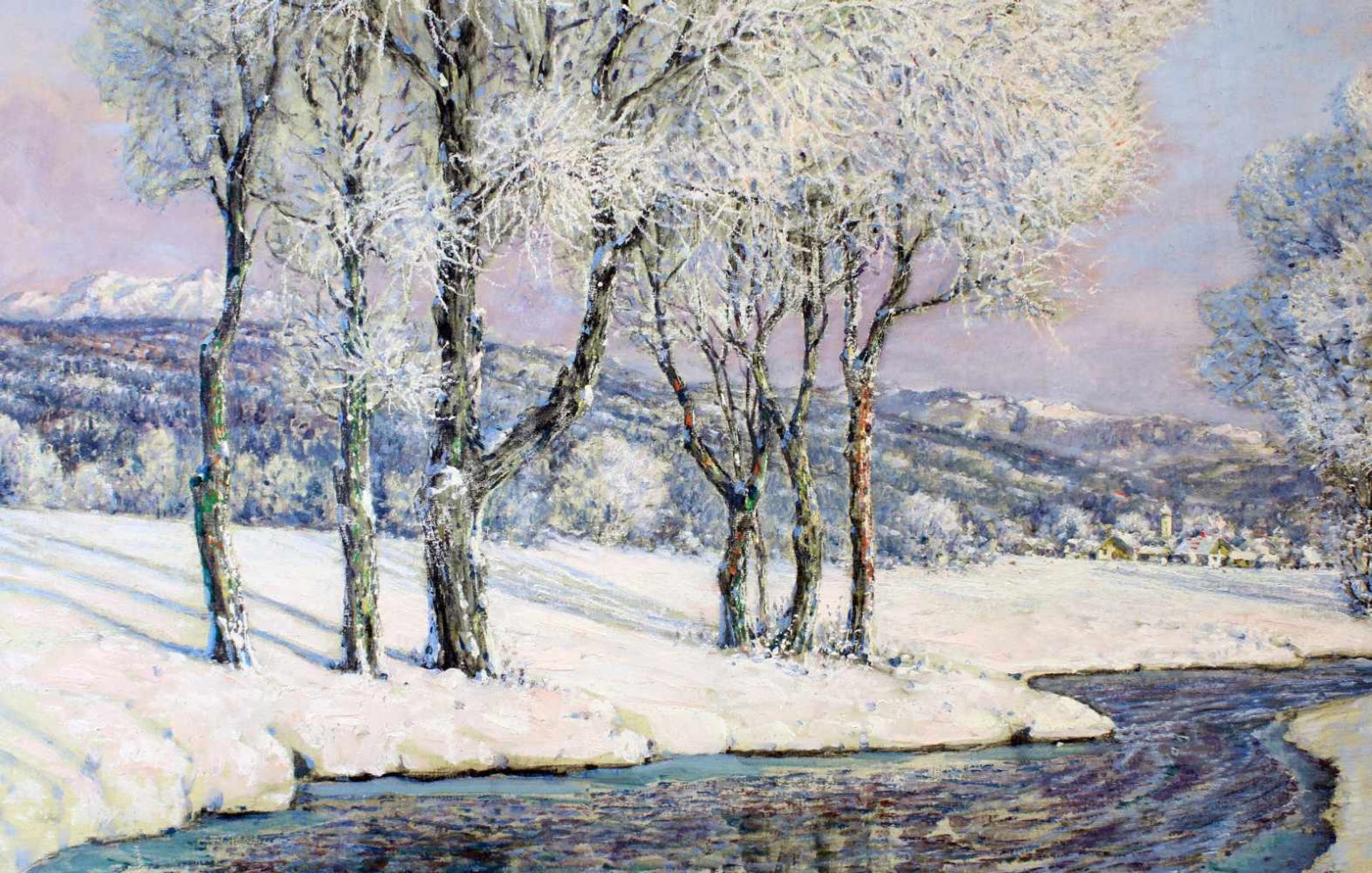 "Winterlandschaft am Fluss" - Robert Büchtger (1862-1951) Öl auf Leinwand, ansprechendes Flusstal, - Bild 4 aus 6
