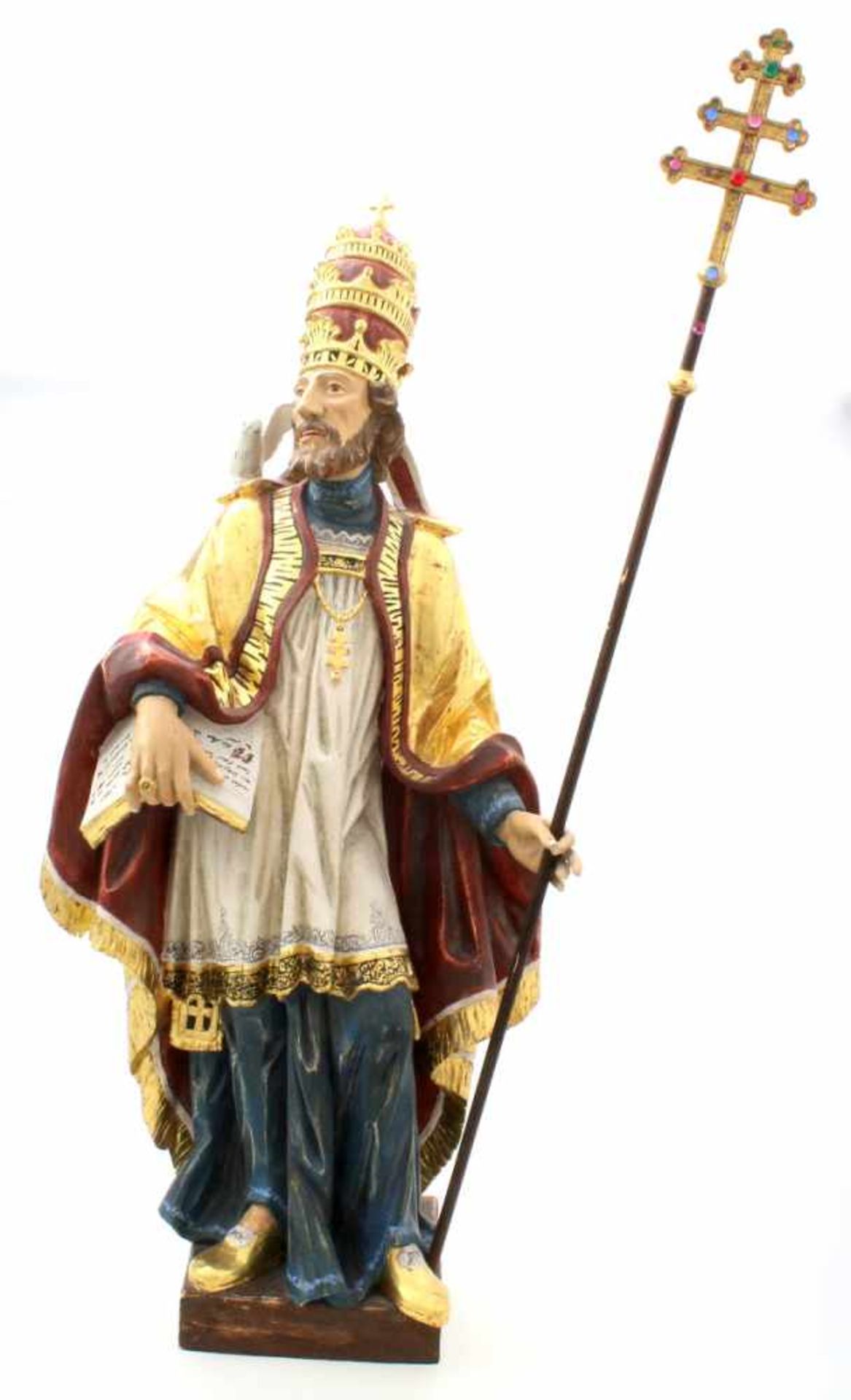 Große Holzfigur - Bischof mit Buch und Bischofsstab Polychrom- und goldstaffiert, feine Schnitzerei,
