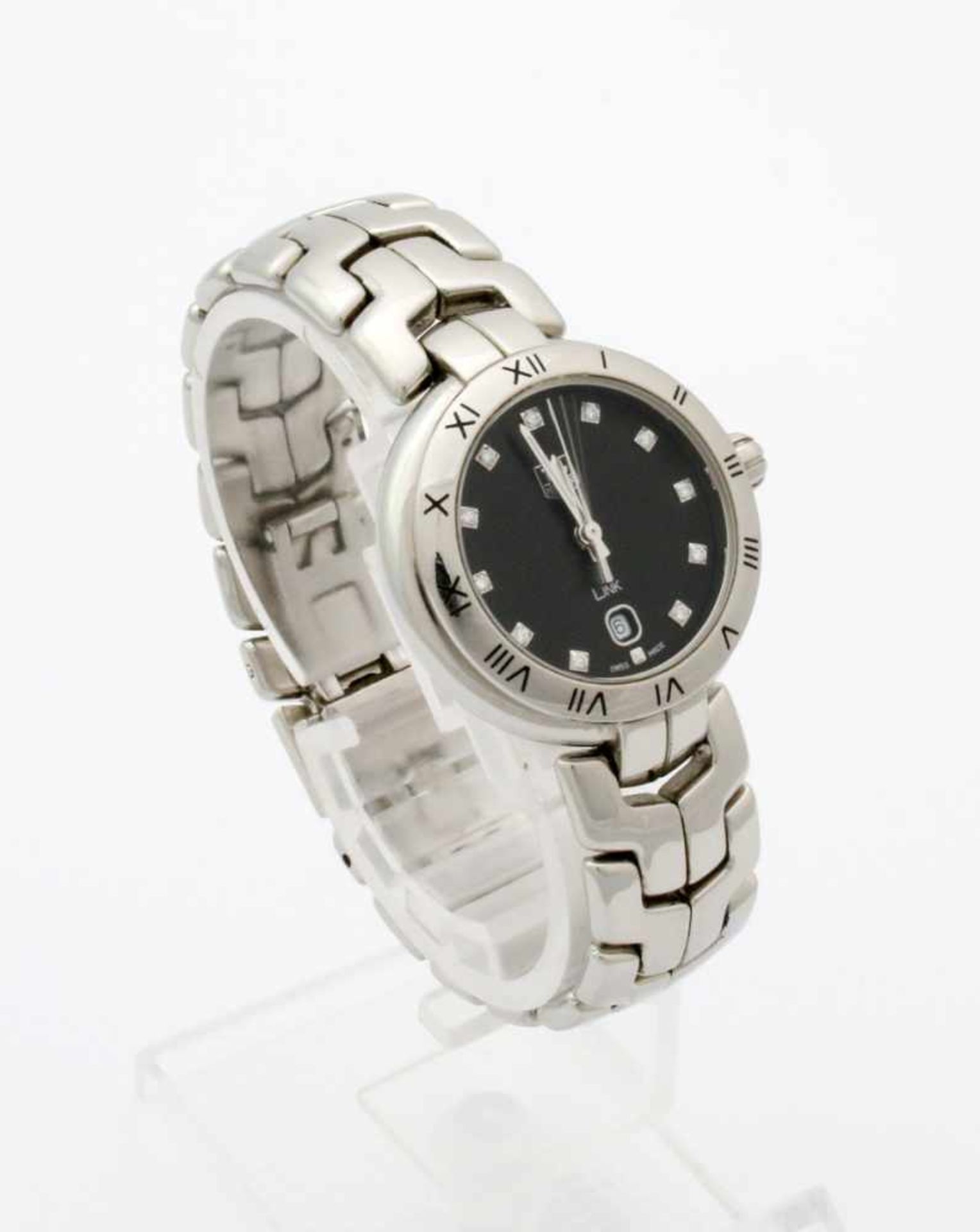 Armbanduhr TAG HEUER Link Ladies mit Brillanten Quarzwerk, Edelstahlgehäuse, Ø 29 mm, schwarzes