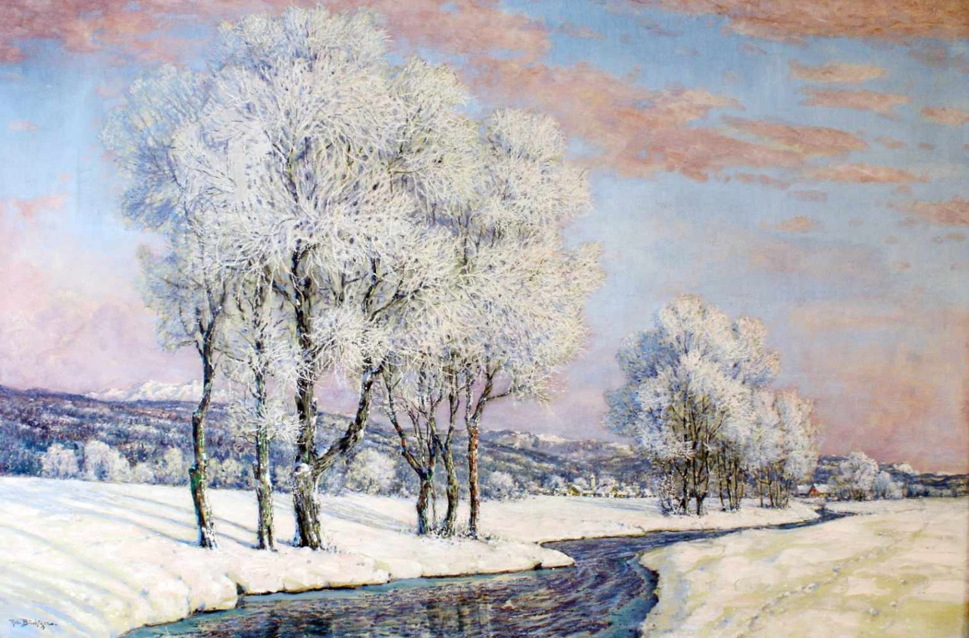 "Winterlandschaft am Fluss" - Robert Büchtger (1862-1951) Öl auf Leinwand, ansprechendes Flusstal,