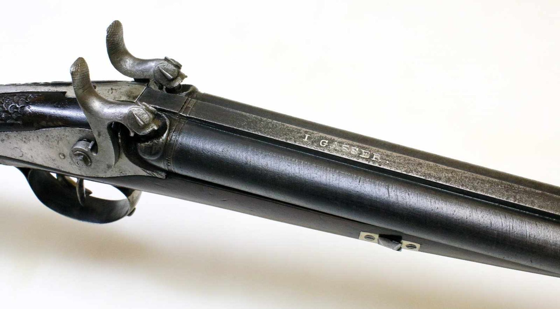 Perkussions-Doppelflinte - I. Gasser um 1820 Cal. 12 SP, Zustand 2-3. Laufbündel aus Wickeldamast - Bild 6 aus 15