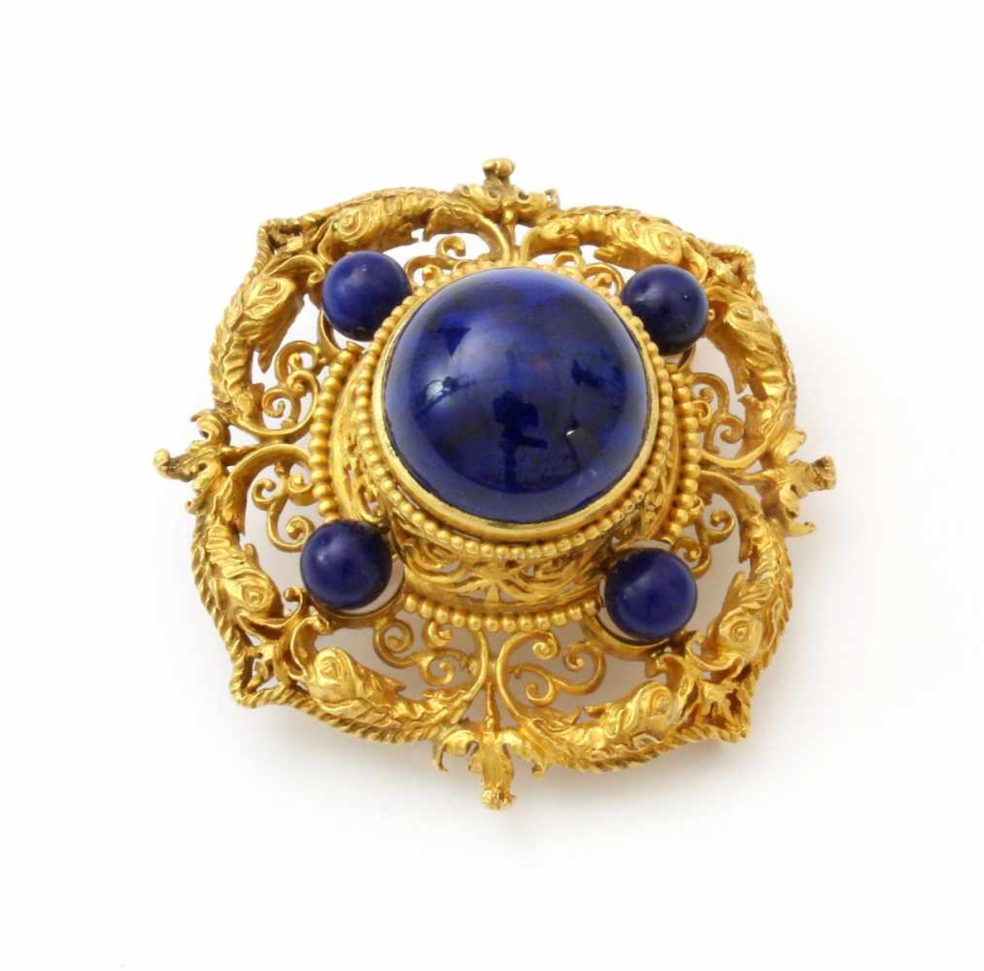 Historische Gelbgold-Brosche mit Lapislazuli um 1800 GG 585 (Säureprüfung), umlaufend Fischpaare mit