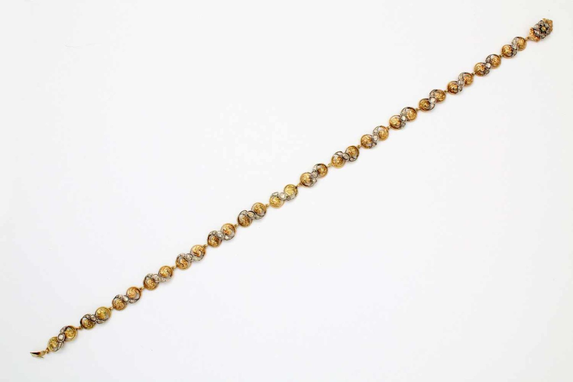 Jugendstil Gelbgold / Weißgold-Collier mit reichem Diamantbesatz GG / WG 585 (Säureprüfung), 16 GG /