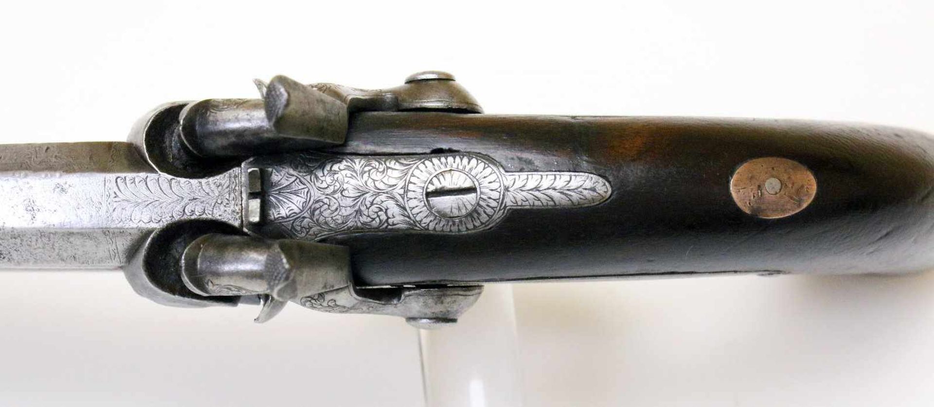 Doppelläufige Perkussionspistole - England um 1850 Cal. 14mm Perk., Zustand 2. Zwei übereinander - Bild 8 aus 15