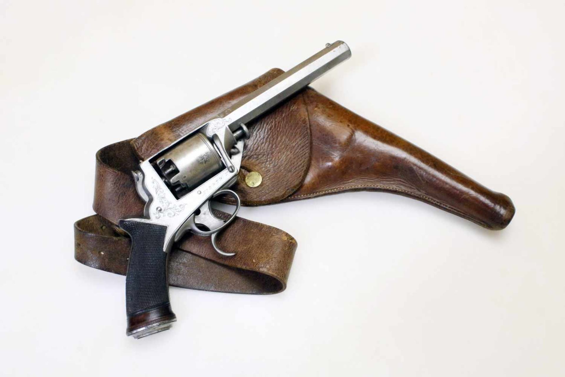 Perkussionsrevolver - Tranter 2. Model (Doppelabzug) um 1855 mit Tasche Cal. .422 Perk., Zustand 1-.