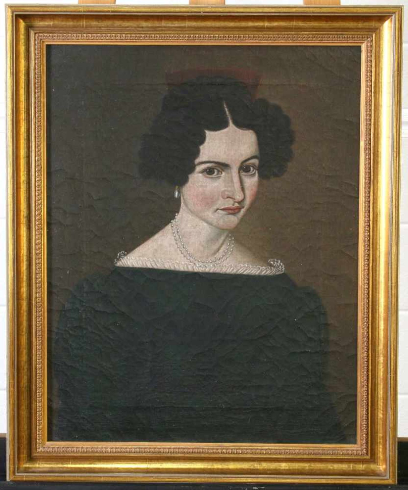 Biedermeier Gemälde - "Damenportrait" um 1830 Öl auf Leinwand, Brustbild einer unbekannten Dame, mit - Bild 2 aus 2