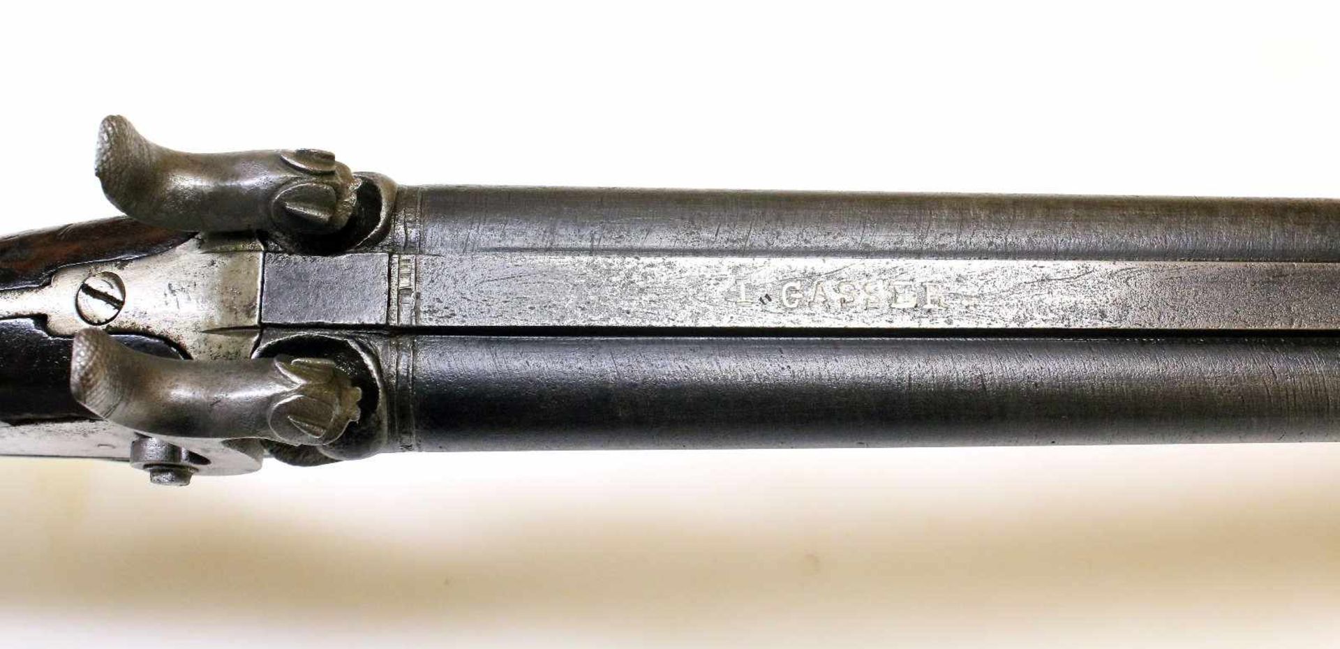 Perkussions-Doppelflinte - I. Gasser um 1820 Cal. 12 SP, Zustand 2-3. Laufbündel aus Wickeldamast - Bild 5 aus 15
