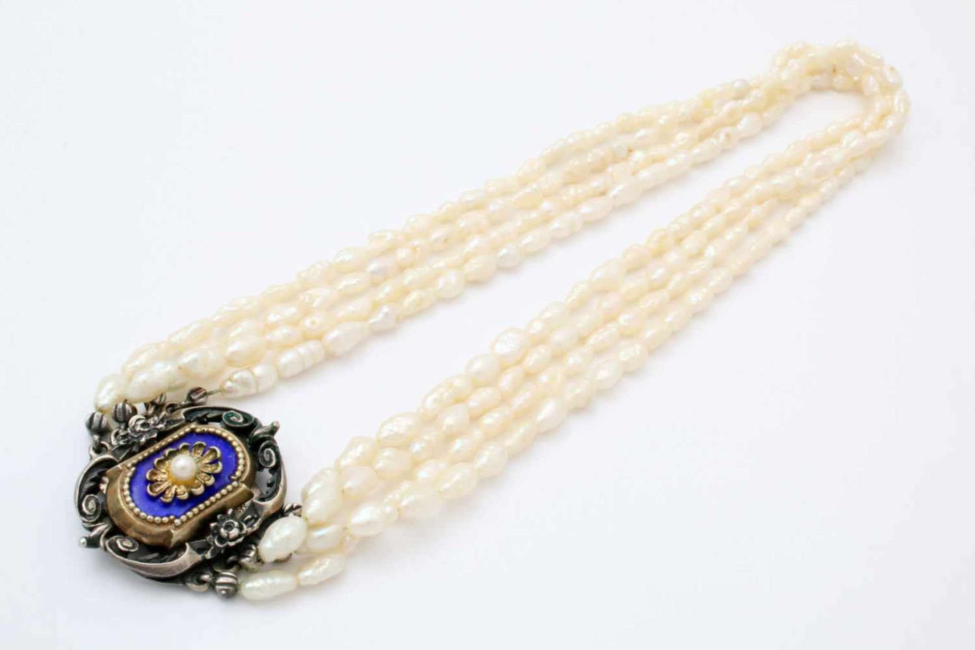 2 Halsketten - Biwa und Malachit Biwaperlenkette vierreihig mit silbernem Trachtenverschluss / - Bild 5 aus 5