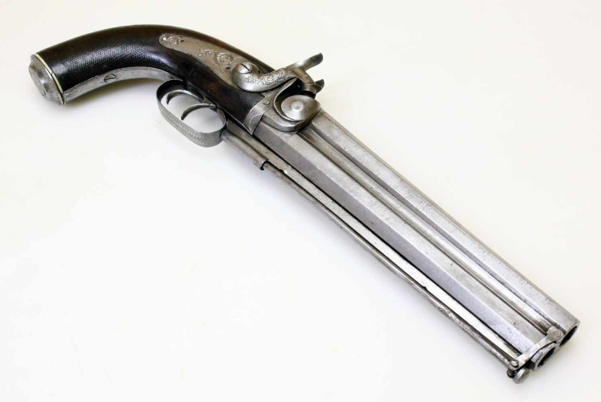 Doppelläufige Perkussionspistole - England um 1850 Cal. 14mm Perk., Zustand 2. Zwei übereinander - Bild 2 aus 15