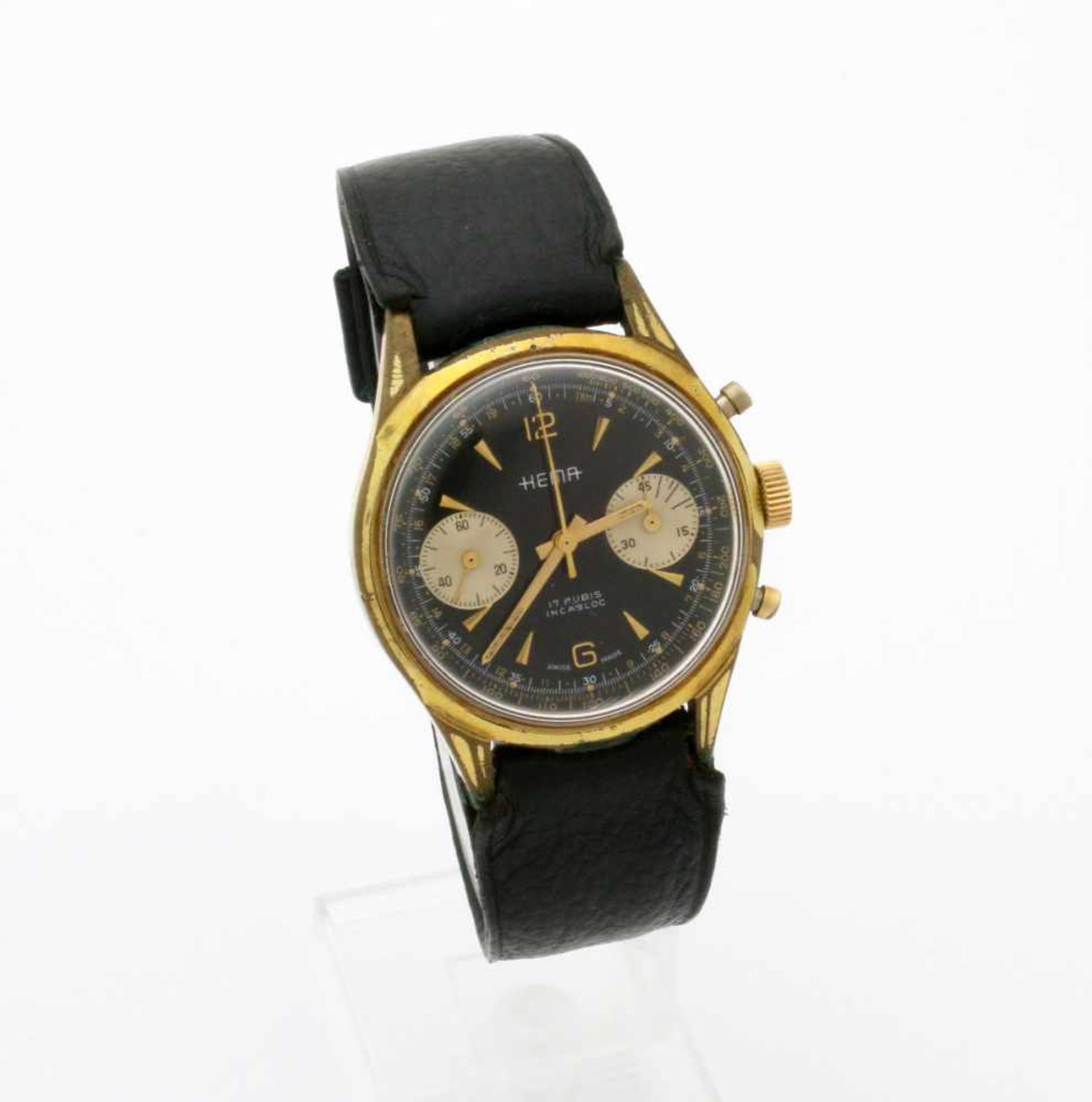 Armbanduhr HEMA Chronograph um 1960 Handaufzugswerk Valjoux 7733, vergoldetes Gehäuse (tw.