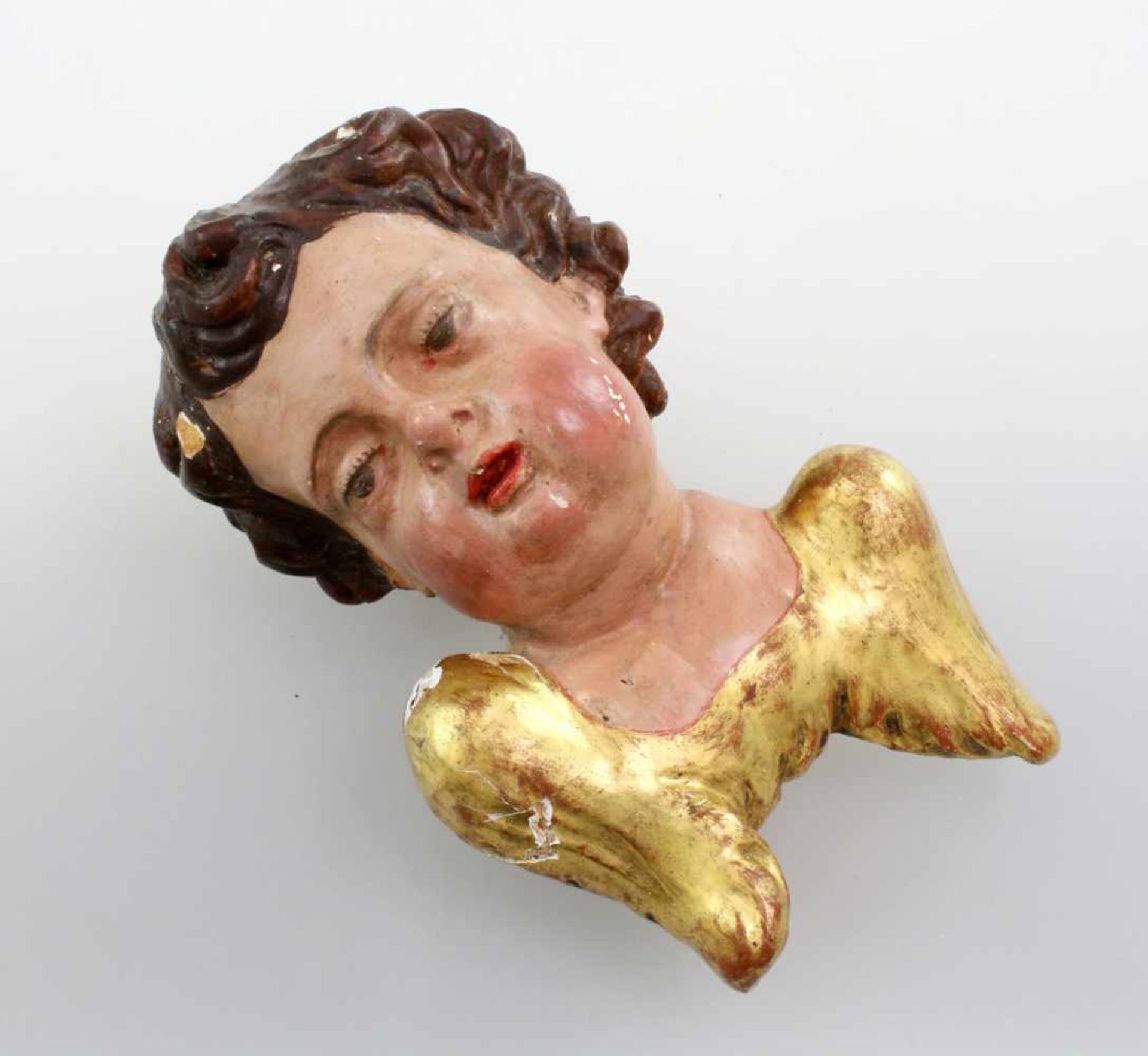 Holzfigur - Putte - 18. Jahrhundert Polychrom- und goldstaffiert, einige Farbabplatzer, früherer