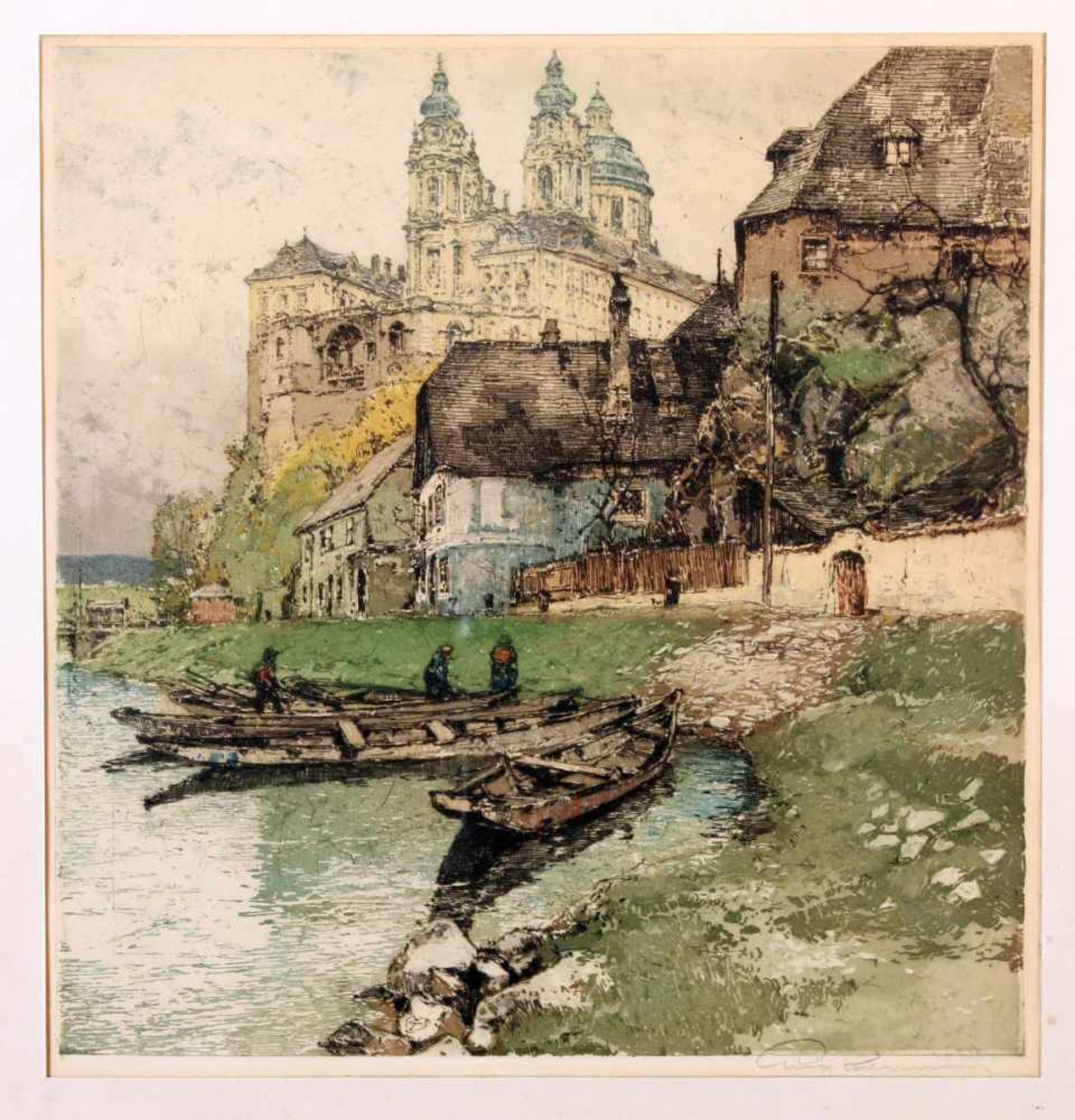 Colorierte Radierung "Stift Melk Österreich" - Luigi Kasimir (1881-1962) Mehrere Fischerboote am