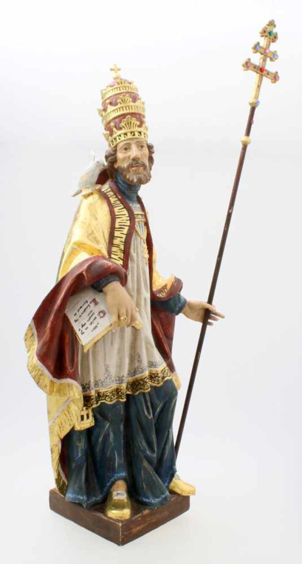 Große Holzfigur - Bischof mit Buch und Bischofsstab Polychrom- und goldstaffiert, feine Schnitzerei, - Bild 2 aus 7