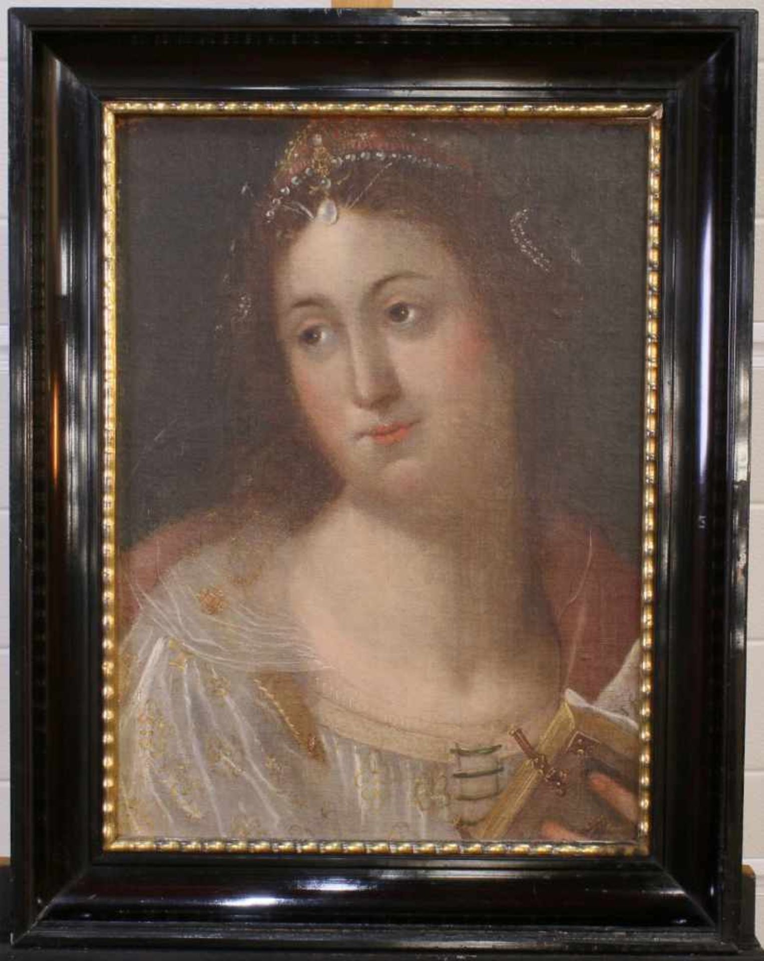 "Dame mit Diadem" - Portrait - 19. Jahrhundert Öl auf Leinwand, unsigniert, guter Zustand, verträumt - Bild 2 aus 2