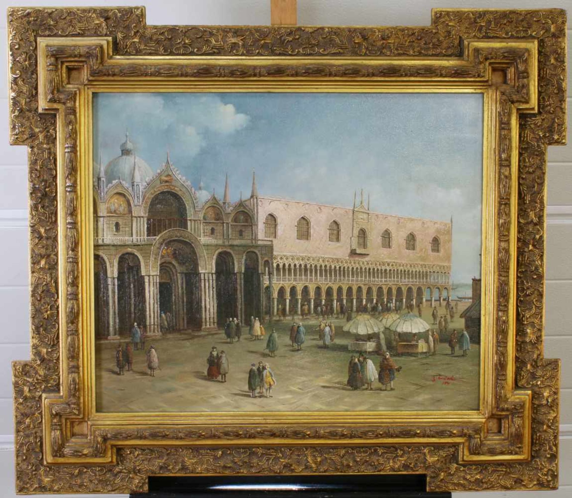 "Venezianischer Palast" - unleserlich signiert Öl auf Leinwand, feine detaillierte Malerei, - Bild 2 aus 3