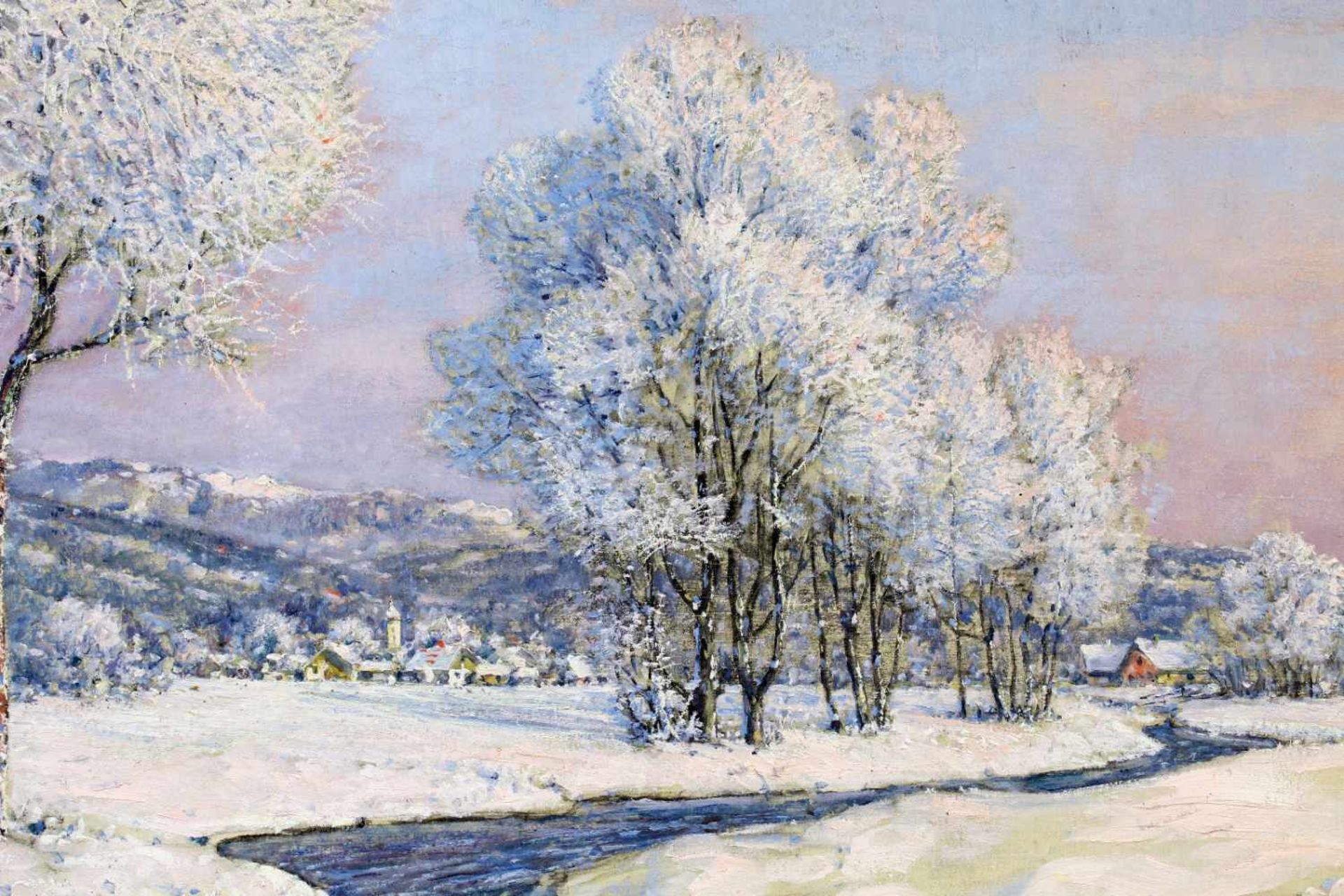 "Winterlandschaft am Fluss" - Robert Büchtger (1862-1951) Öl auf Leinwand, ansprechendes Flusstal, - Bild 3 aus 6