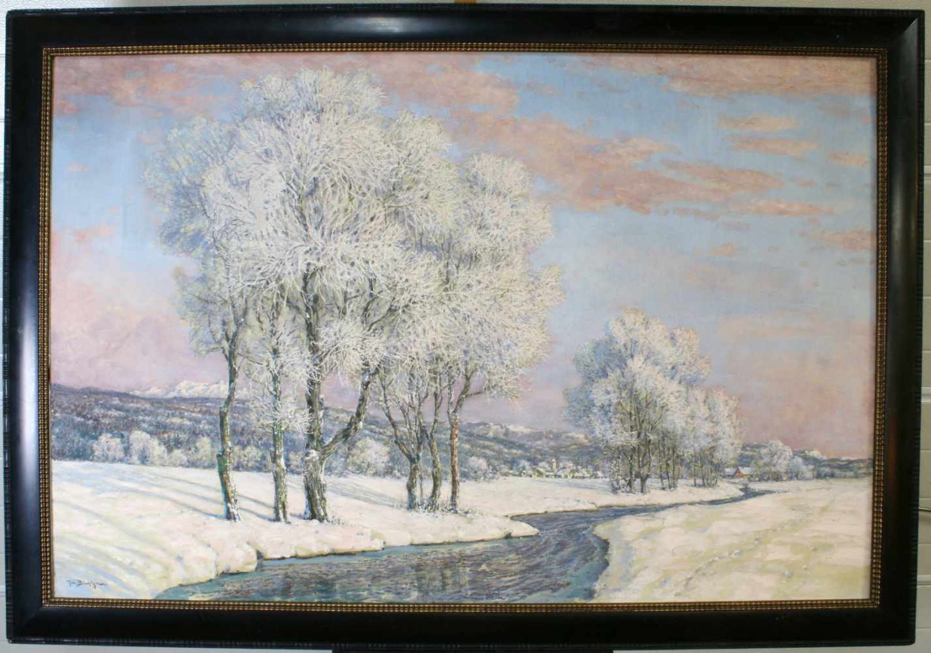 "Winterlandschaft am Fluss" - Robert Büchtger (1862-1951) Öl auf Leinwand, ansprechendes Flusstal, - Bild 2 aus 6