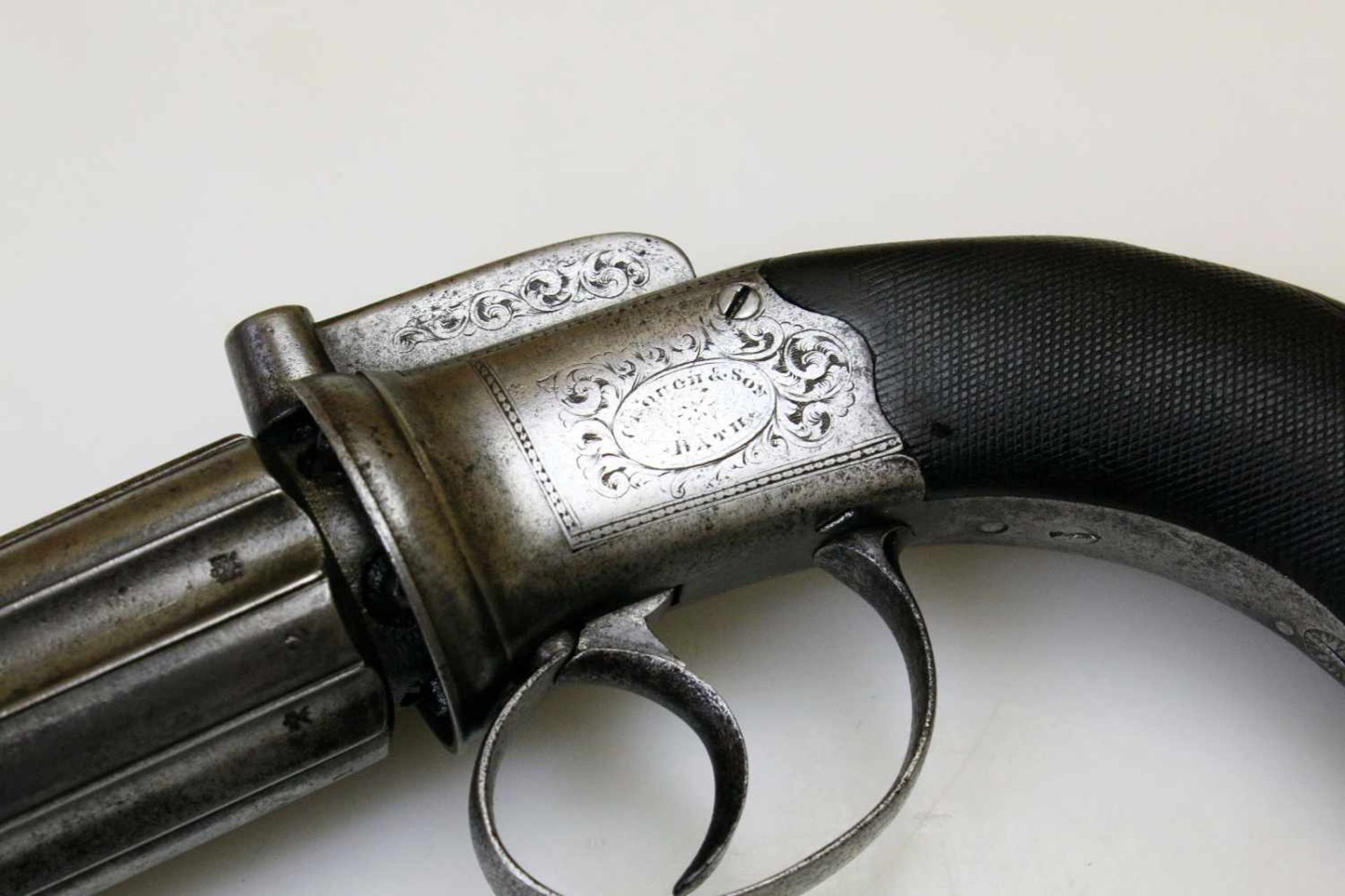 Bündelrevolver - Clough & Son, Bath um 1858 Cal. 9,3mm Perk. (wohl .380), Zustand 2-. 6- - Bild 5 aus 8