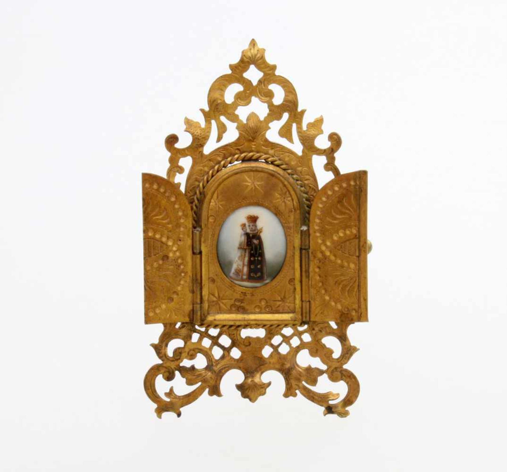 Kleiner Hausaltar "Triptychon" - 19. Jahrhundert Messing vergoldet, Ornamentik in Akanthuslaub,