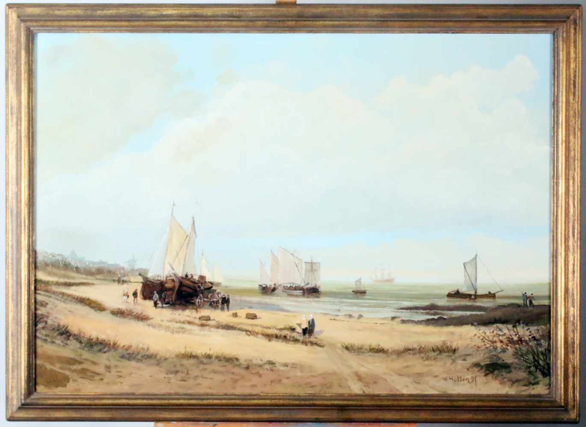 "Holländische Wattsegler am Strand" - Wolfgang Hütten (*1922) Öl auf Leinwand. Am Strand Boote und - Bild 2 aus 3