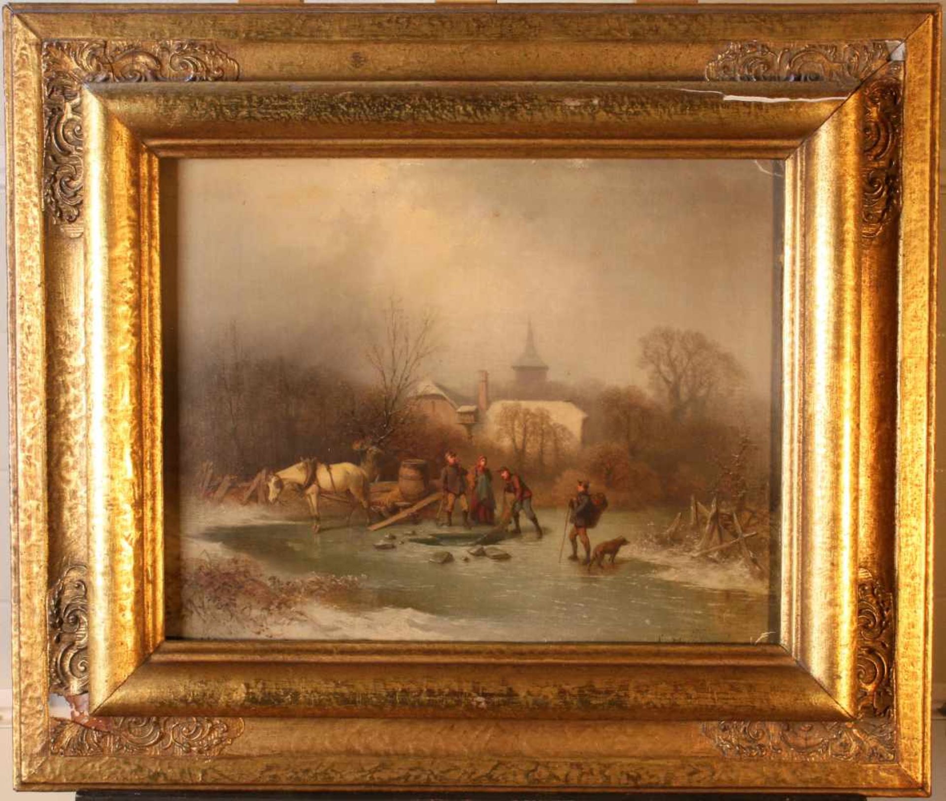 "Fischen im Winter" - Louis Claude Mallebranche (1790-1838) Öl auf Platte, Winterlandschaft, - Bild 2 aus 3