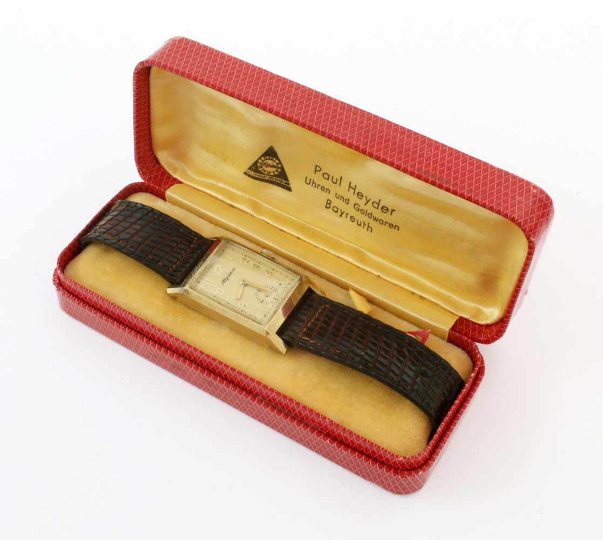Armbanduhr Alpina Gelbgold um 1950/55 Handaufzugswerk Alpina (SN: 183338), Gehäuse GG 585, Maße: - Image 8 of 8