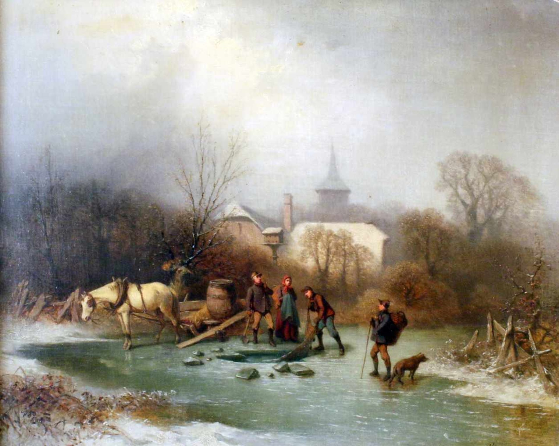 "Fischen im Winter" - Louis Claude Mallebranche (1790-1838) Öl auf Platte, Winterlandschaft,