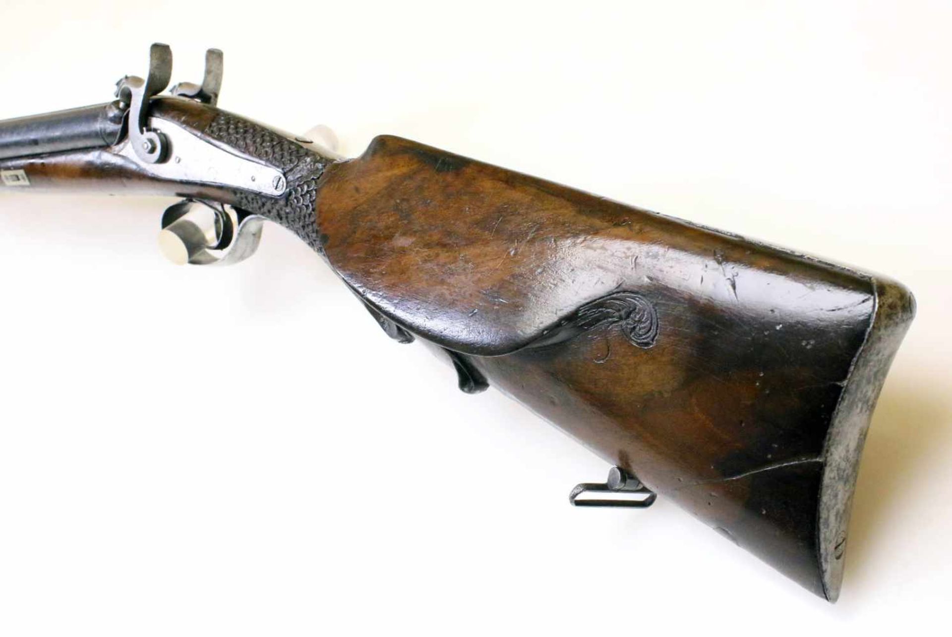 Perkussions-Doppelflinte - I. Gasser um 1820 Cal. 12 SP, Zustand 2-3. Laufbündel aus Wickeldamast - Bild 9 aus 15