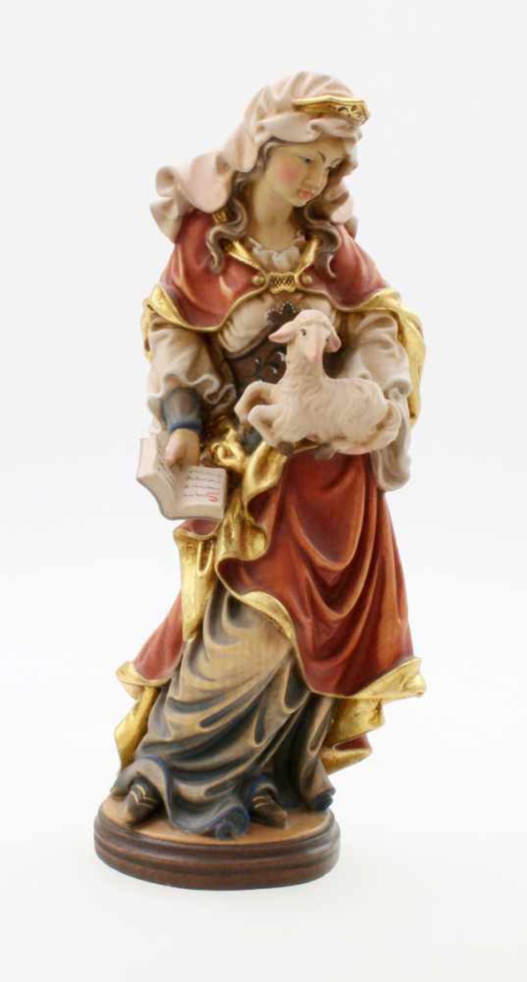 Handgeschnitzte Figur - Heilige Agnes Polychrom- und goldstaffiert, feine Schnitzerei, in der