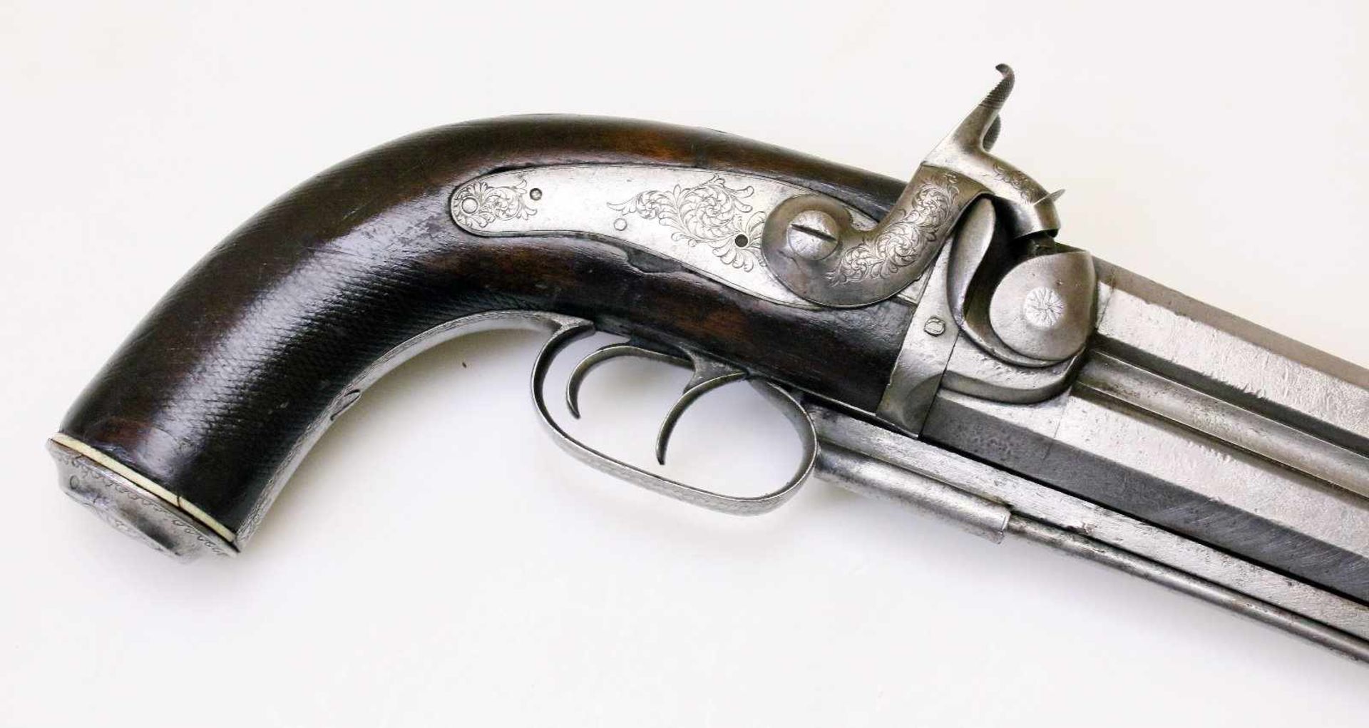 Doppelläufige Perkussionspistole - England um 1850 Cal. 14mm Perk., Zustand 2. Zwei übereinander - Bild 3 aus 15