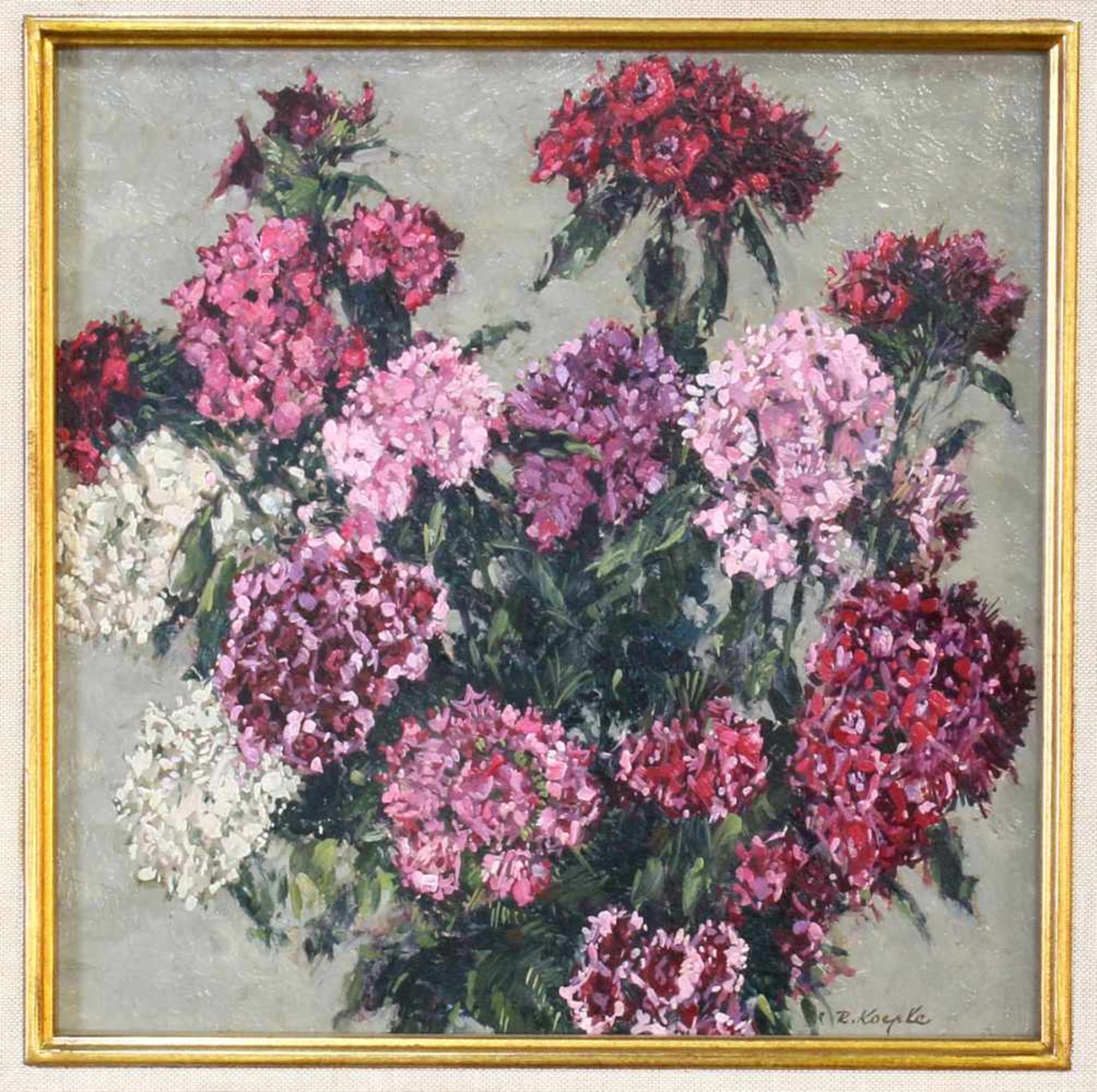 2 Gemälde Blumenstillleben - Robert Koepke (1893-1968) Öl auf Platte, Sonnenblumen und Hortensien, - Bild 5 aus 7