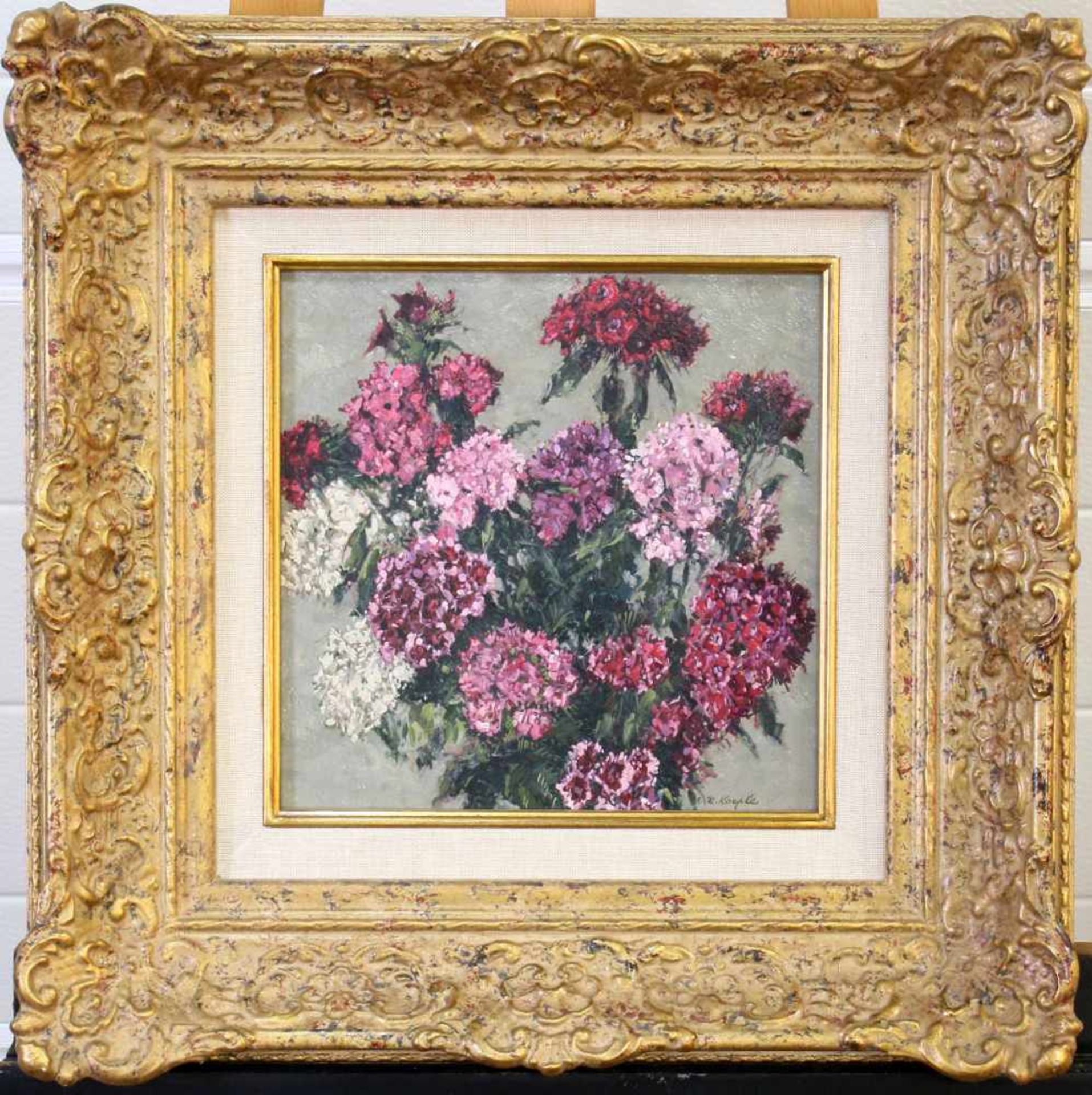 2 Gemälde Blumenstillleben - Robert Koepke (1893-1968) Öl auf Platte, Sonnenblumen und Hortensien, - Bild 4 aus 7