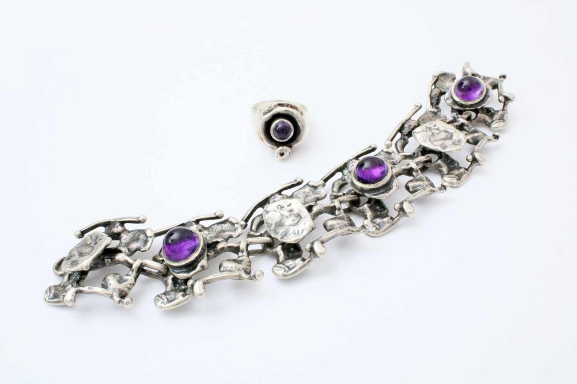 Designer Silberschmuckset mit Amethyst - 2-teilig Armkette bestehend aus 6 Gliedern, 3 davon mit