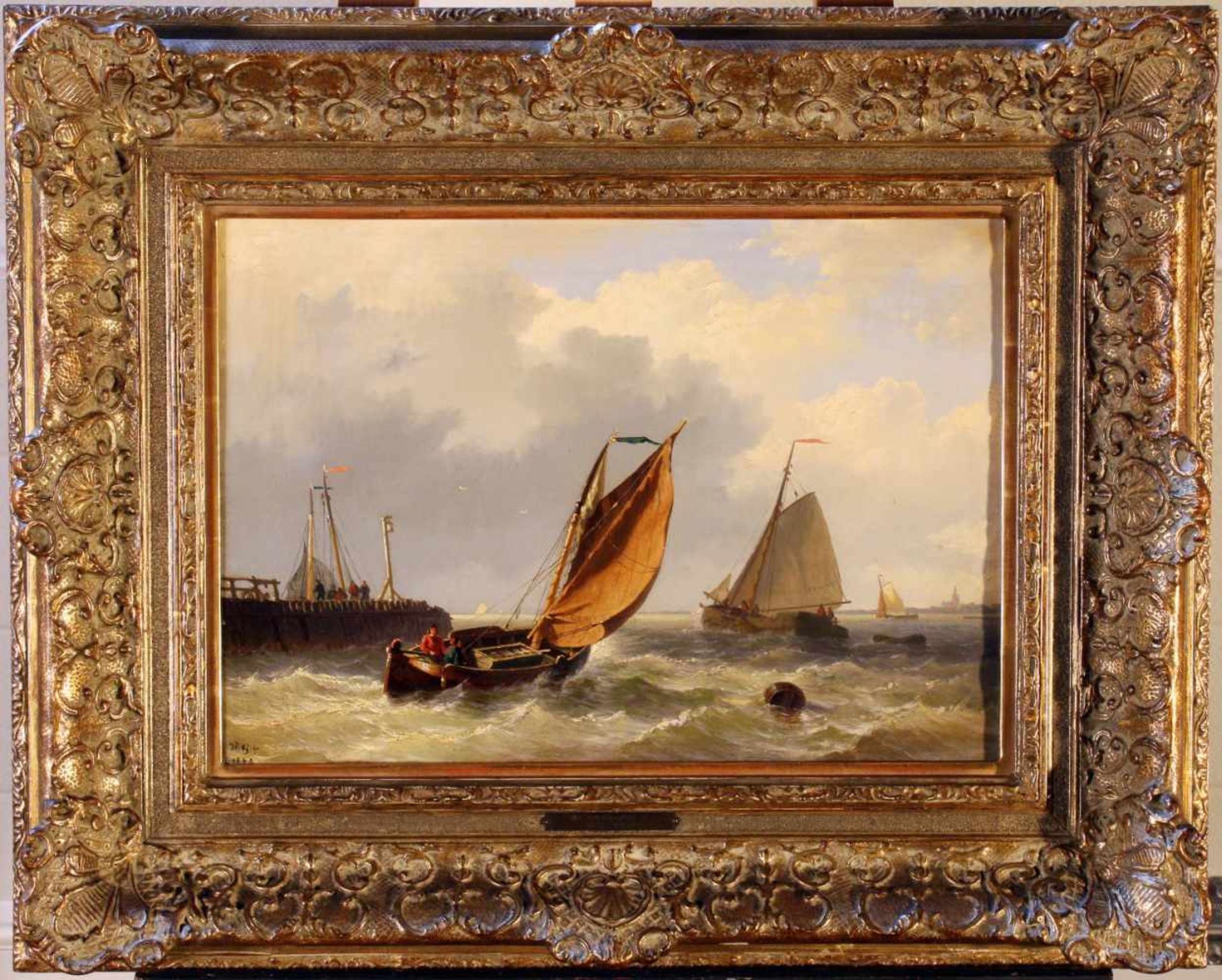 "Stürmische Hafenausfahrt" - Willem Gruyter jr. (1817-1880) Öl auf Holz, mehrere Fischkutter bei der - Bild 2 aus 4