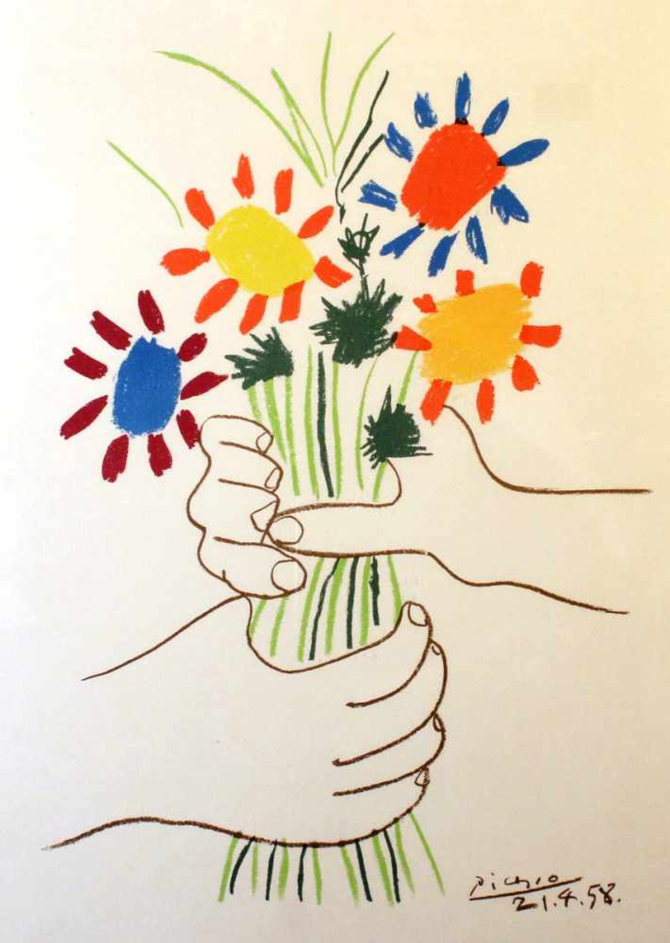 "Hände mit Blumenstrauß" - Pablo Picasso (1881-1973) Farblithografie auf Büttenpapier. Das Kunstwerk